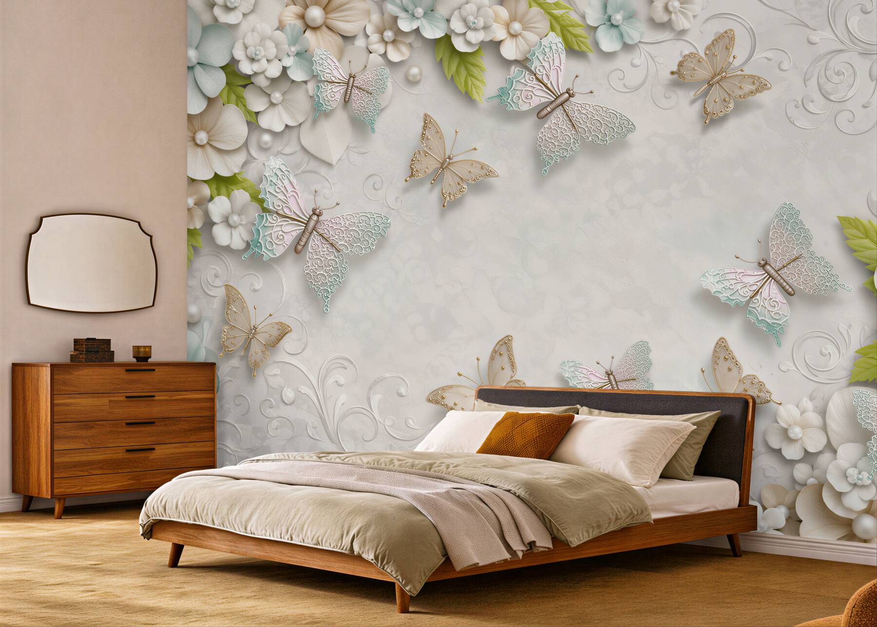Papier peint papillons et fleurs