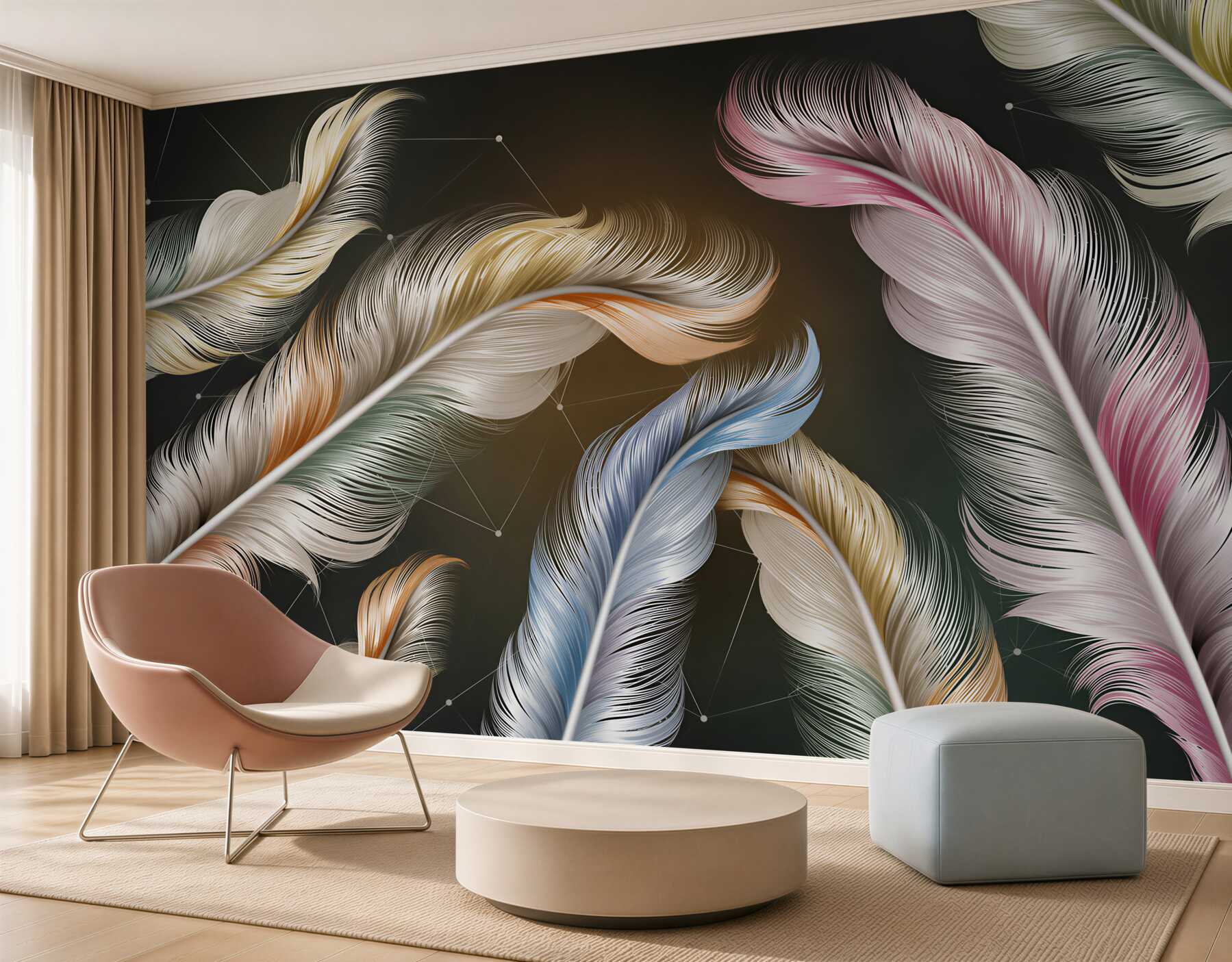 Papier peint plumes d'oiseaux multicolores