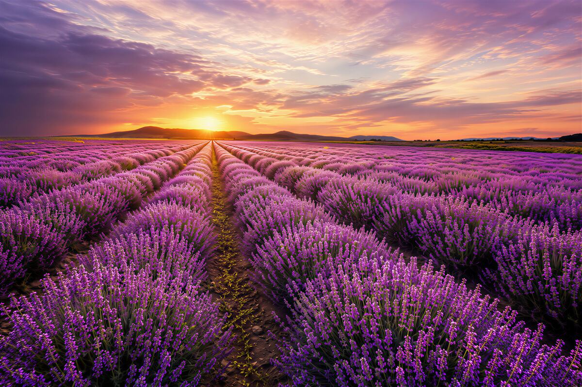 Papier peint champ de lavande au coucher du soleil