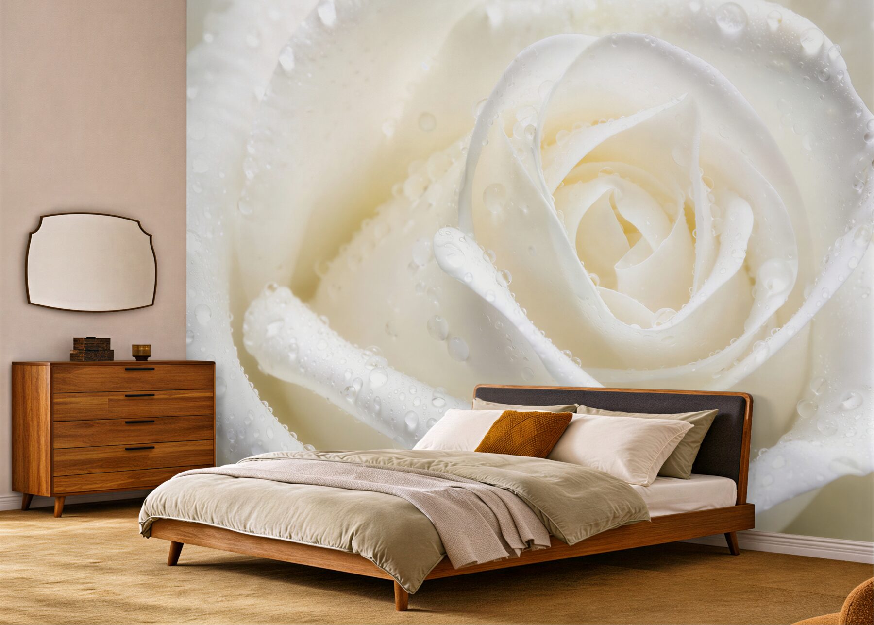 Papier peint rose blanche dans la rosée du matin