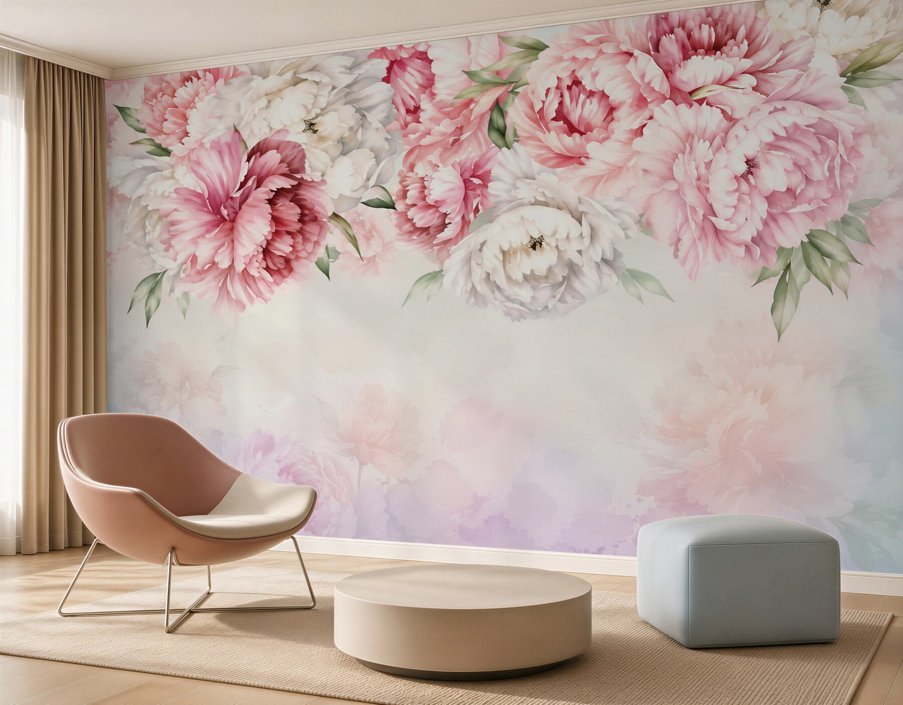 Papier peint délicates fleurs roses sur fond clair