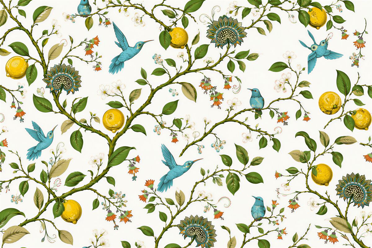 Papier peint colibris bleus et citrons
