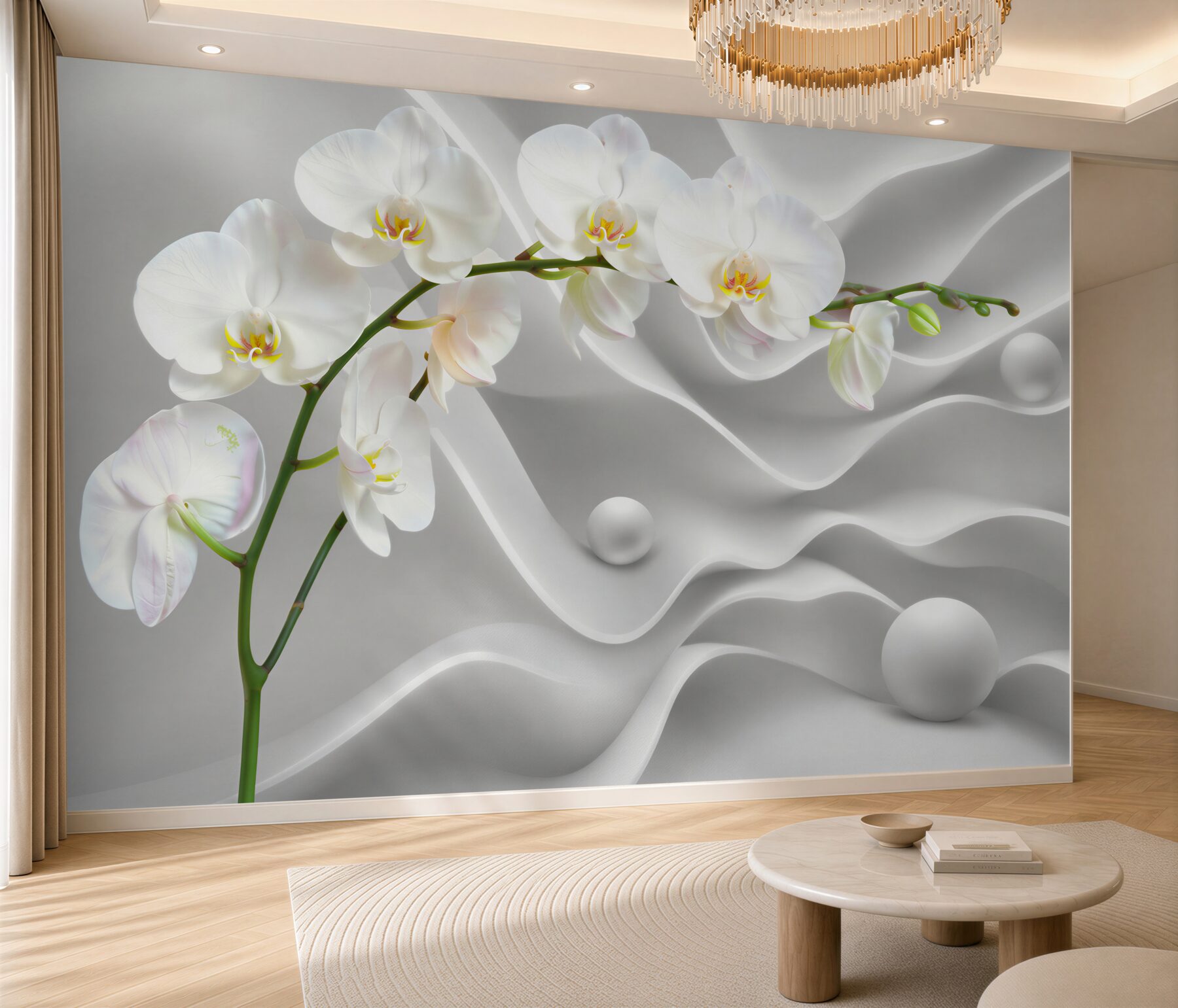 Papier peint orchidée blanche sur fond gris