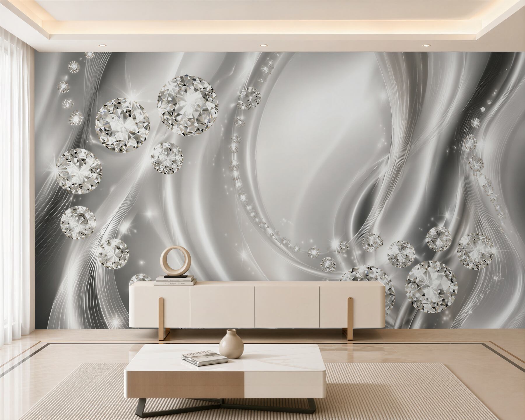 Papier peint diamants sur soie blanche