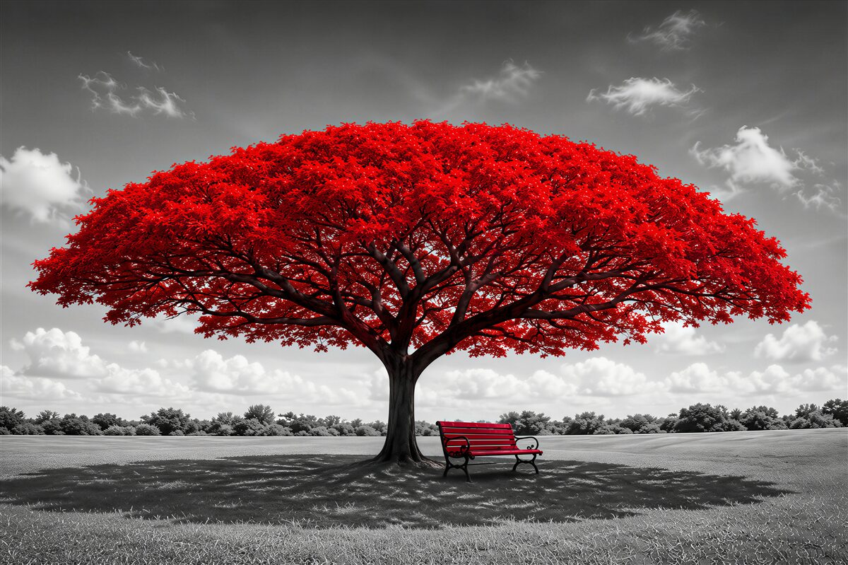 Papier peint arbre de vie rouge sur une prairie grise
