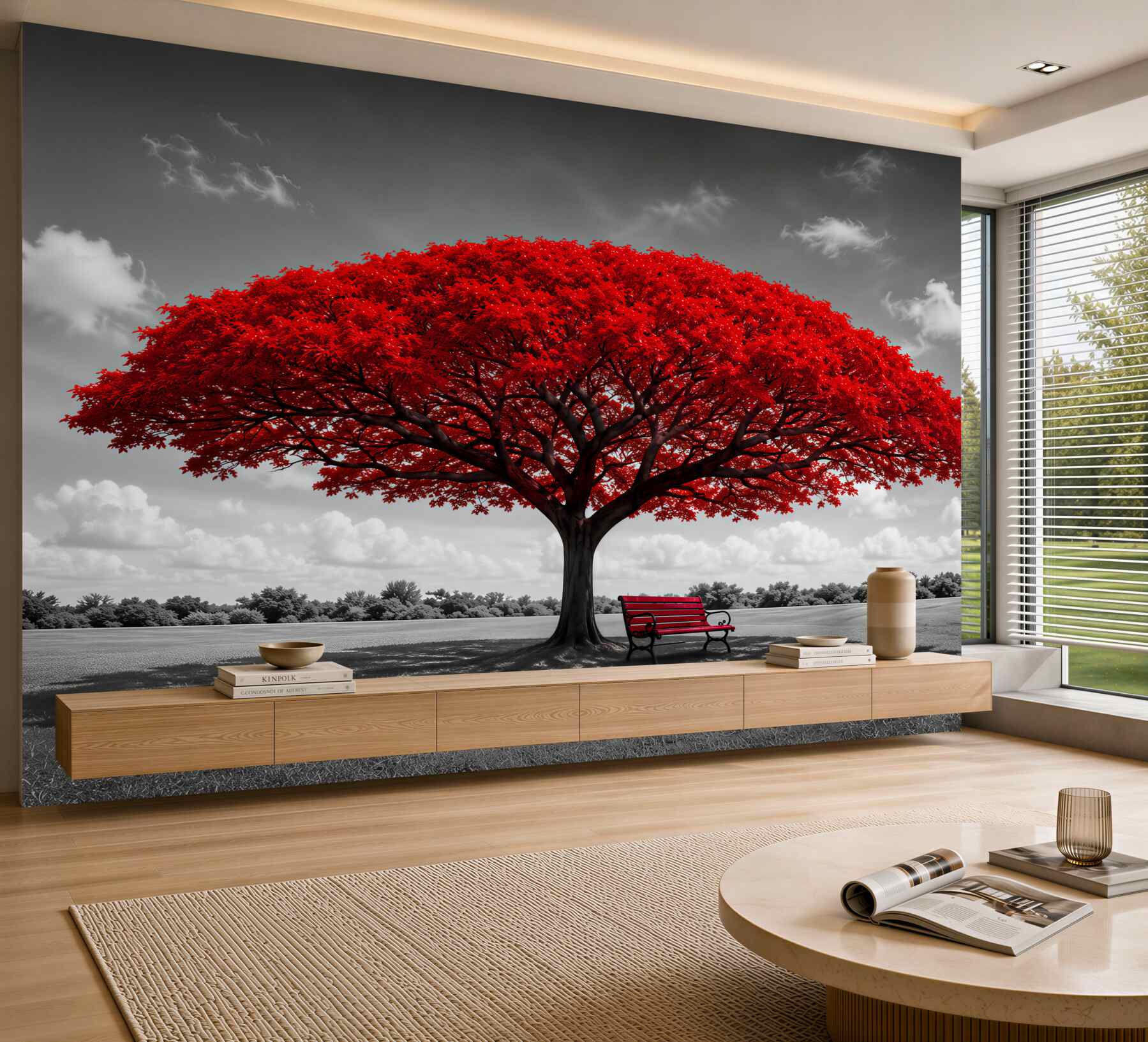 Papier peint arbre de vie rouge sur une prairie grise