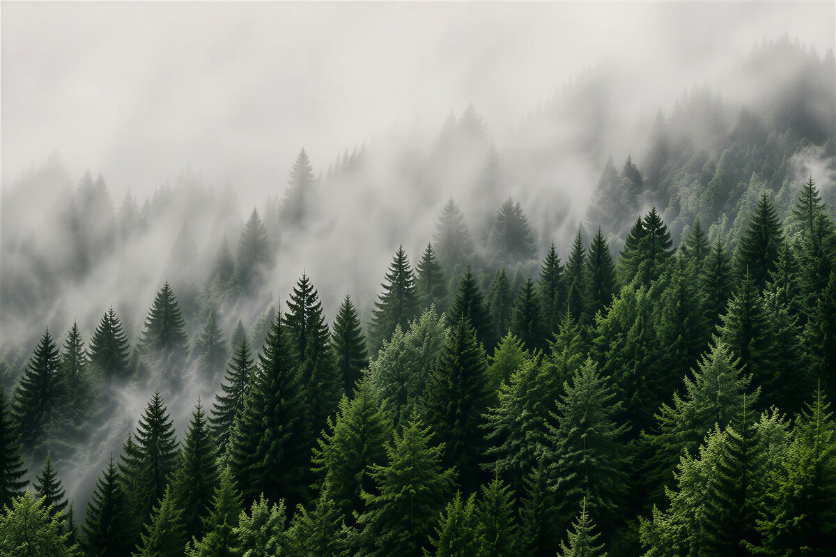 Papier peint brouillard tombant sur une forêt de montagne