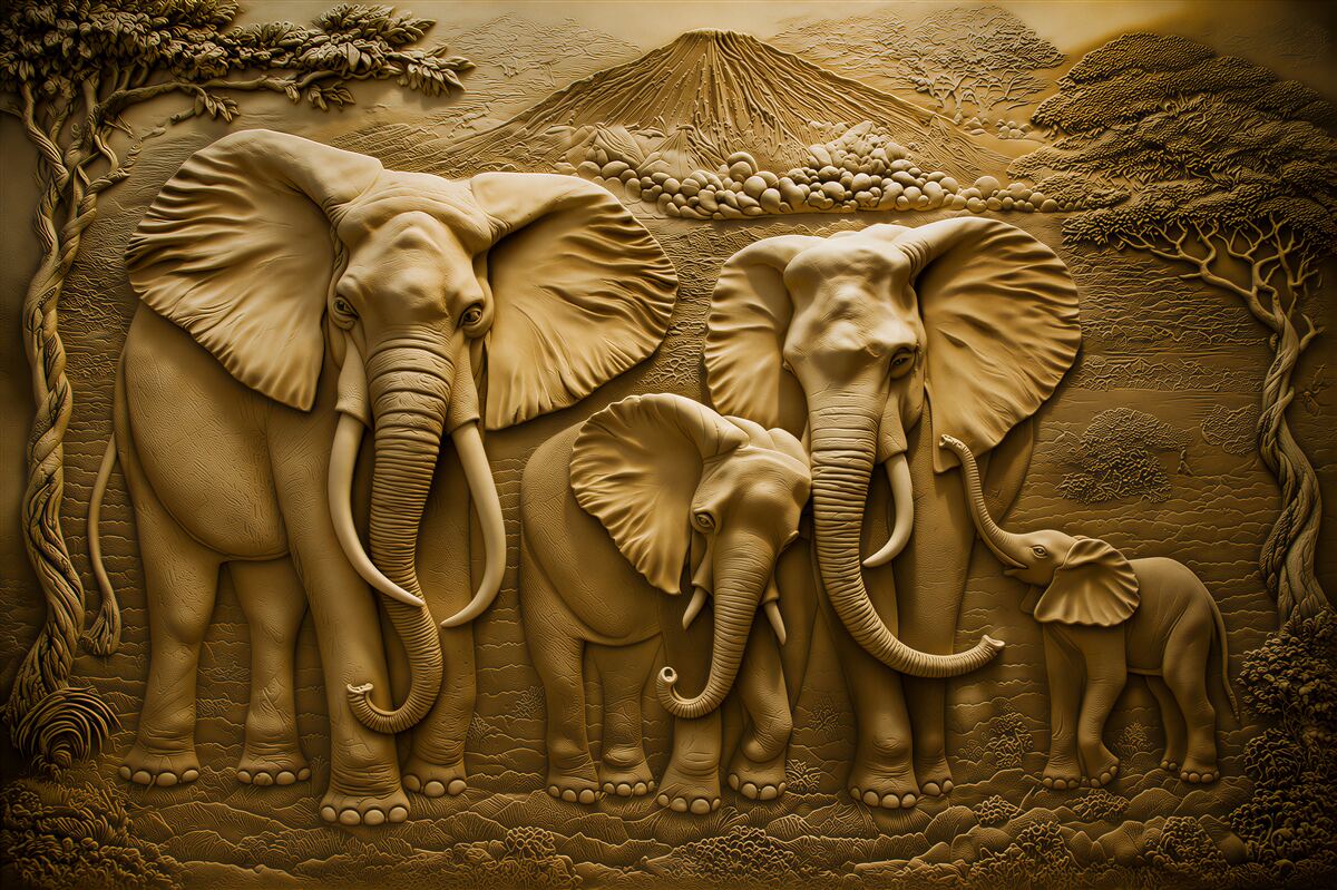 Papier peint sculpture de la famille d'éléphants