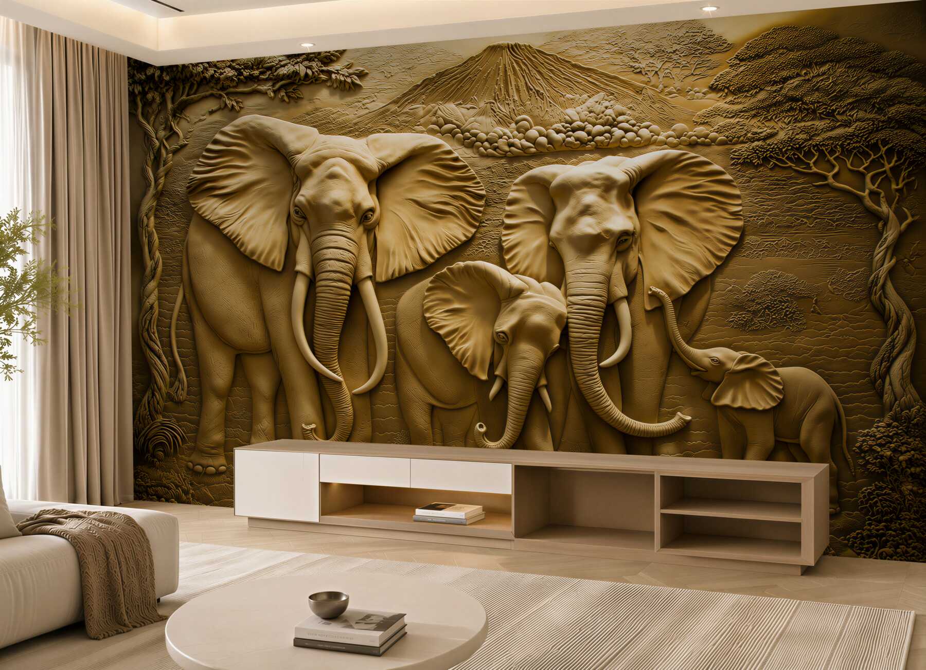 Papier peint sculpture de la famille d'éléphants