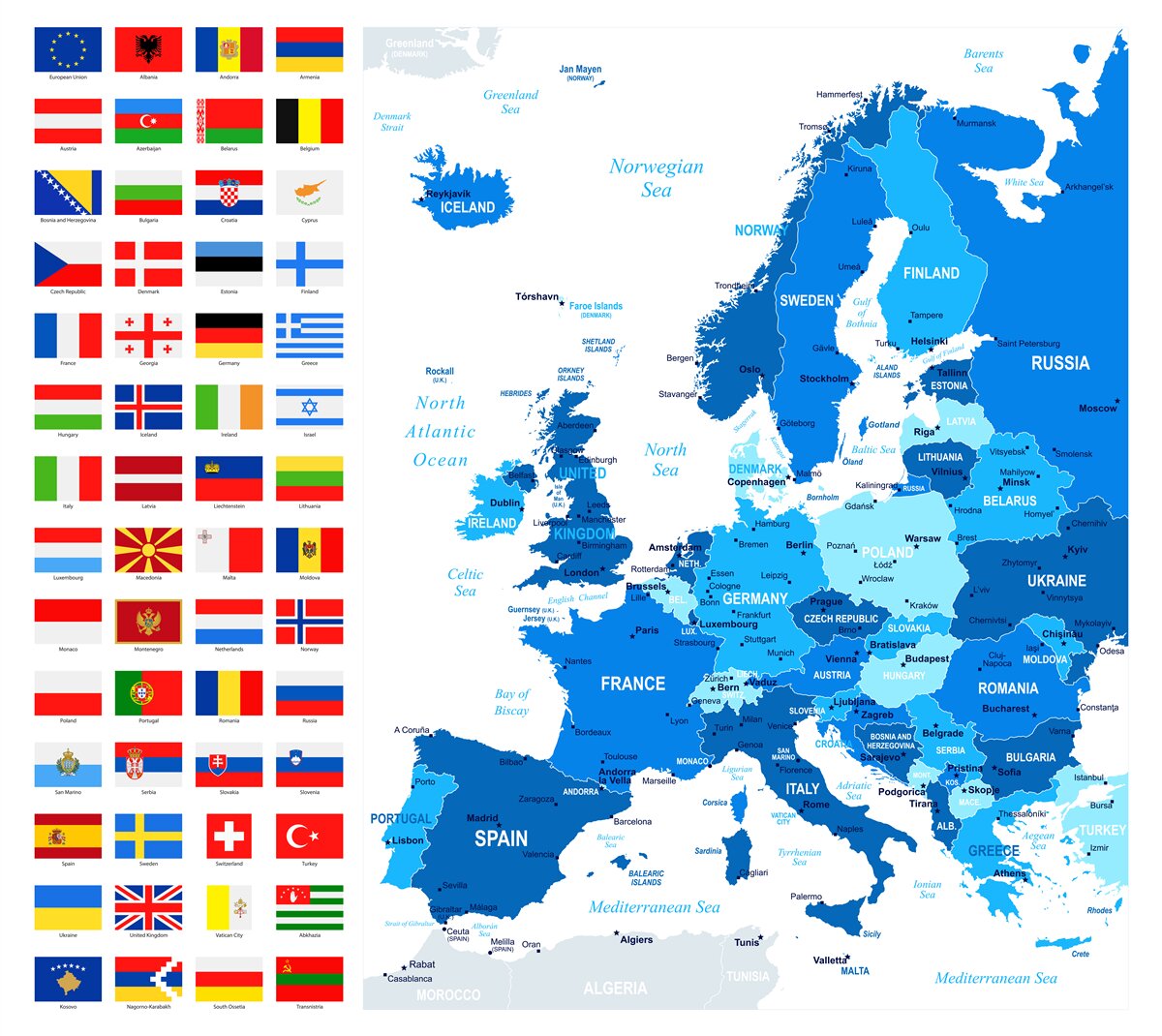 Papier peint carte des pays d'Europe avec drapeaux
