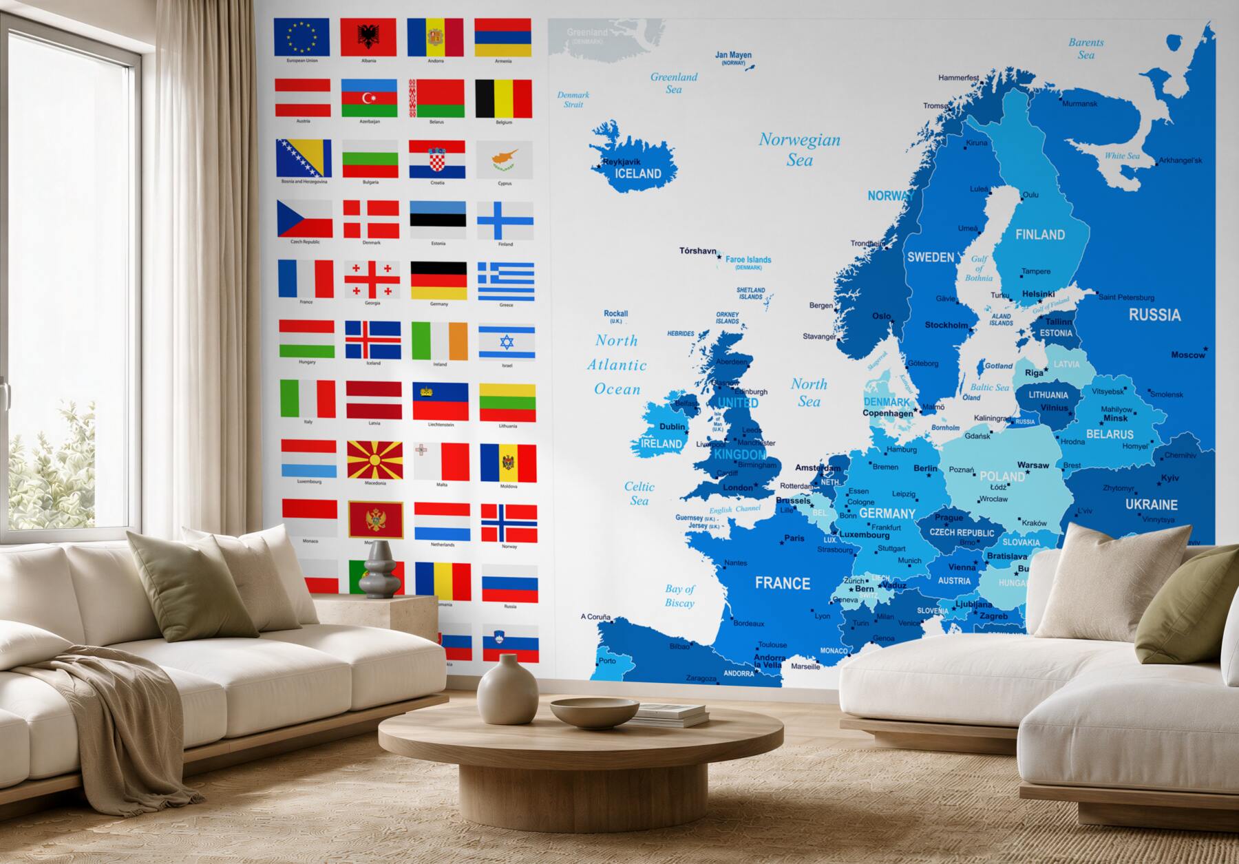 Papier peint carte des pays d'Europe avec drapeaux