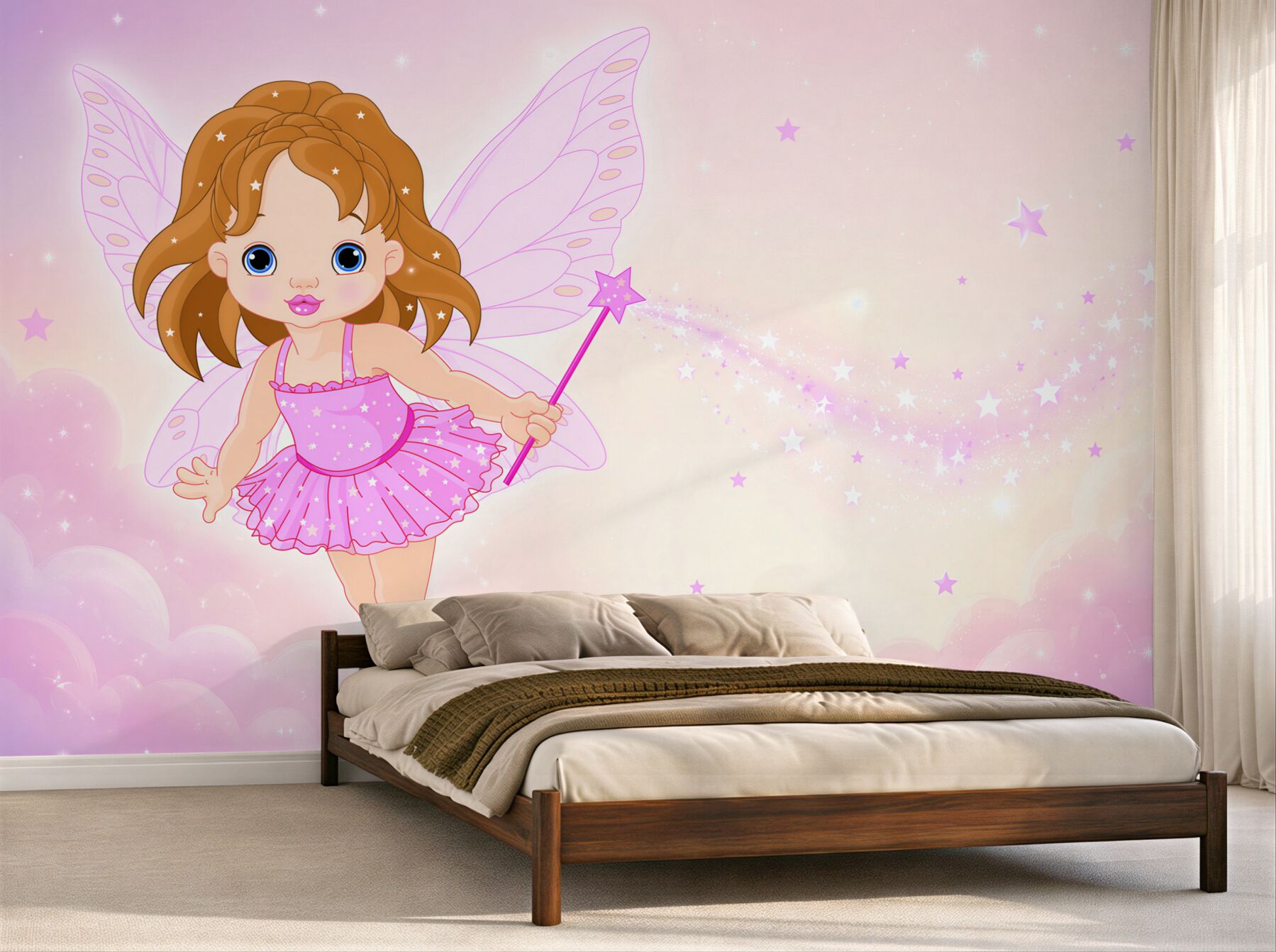 Papier peint Fille rousse avec ailes roses