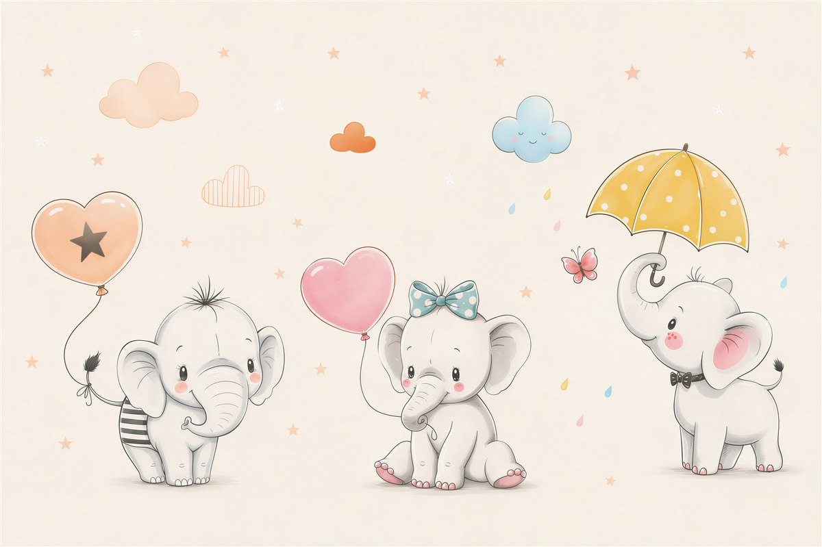 Papier peint éléphants mignons avec des ballons
