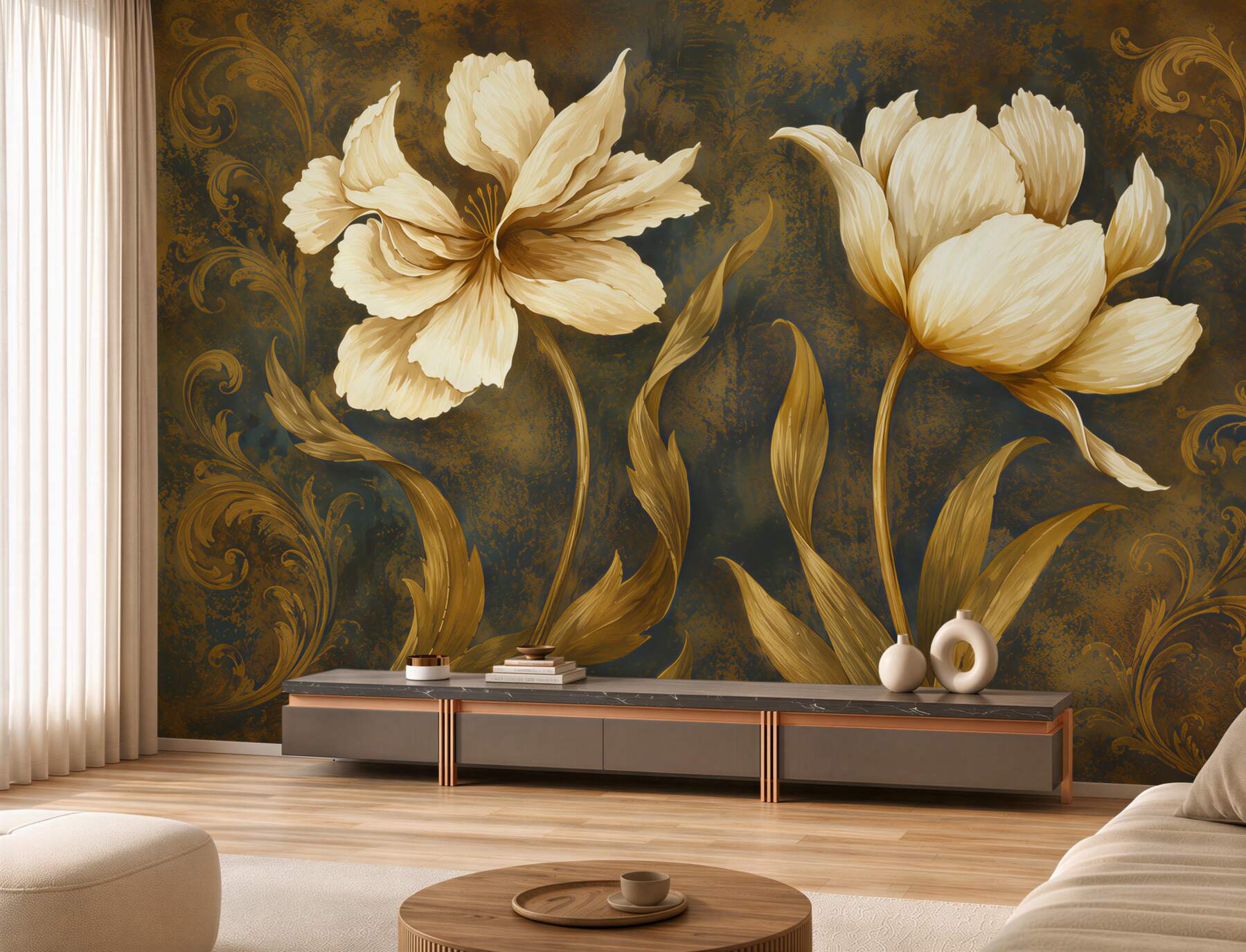Papier peint deux grandes fleurs beiges