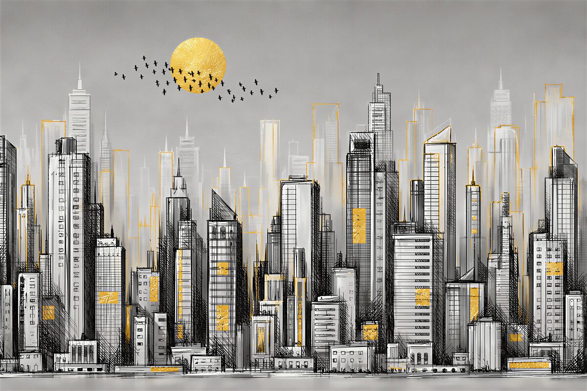 Papier peint coucher de soleil jaune sur la ville grise