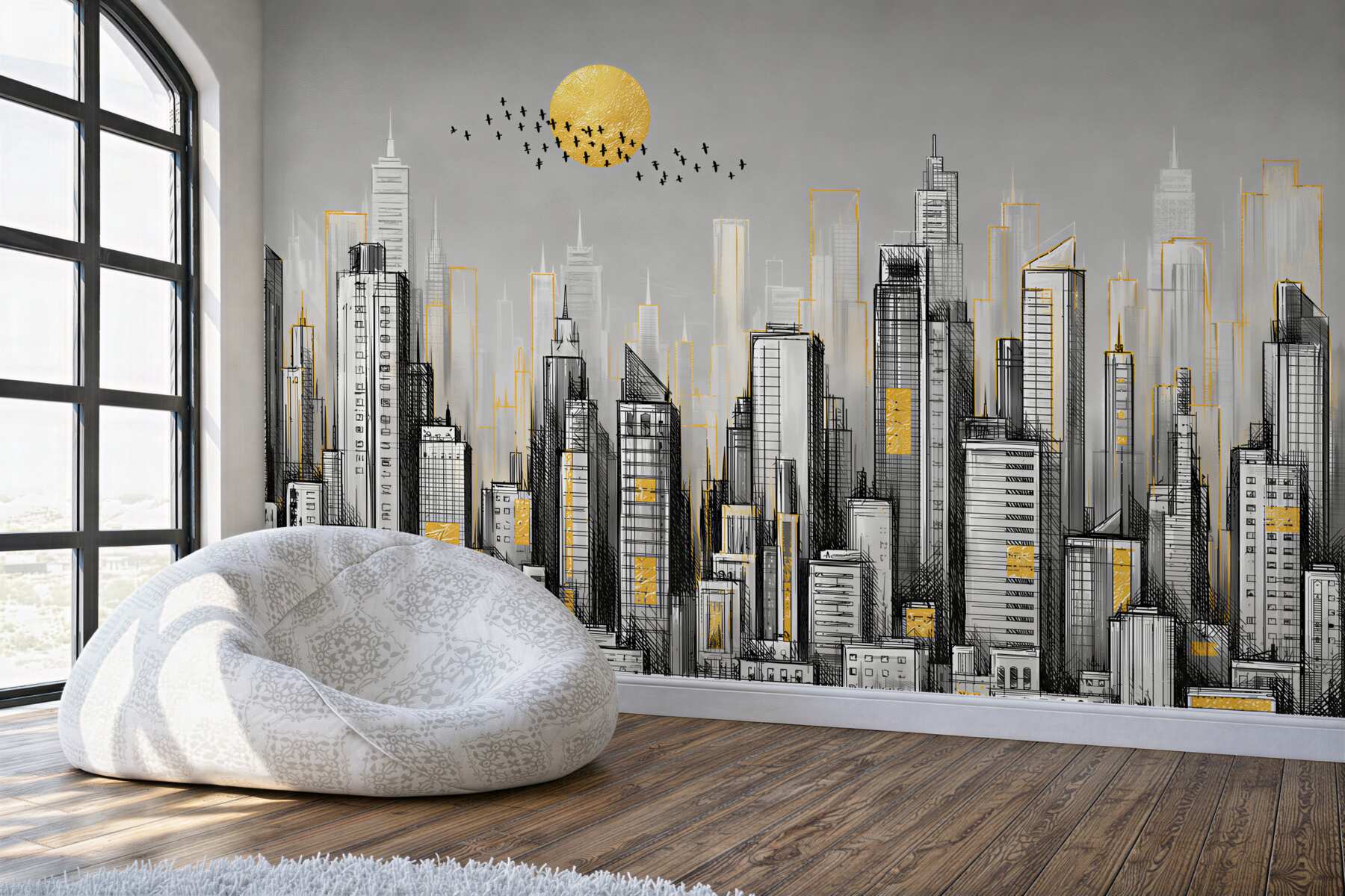 Papier peint coucher de soleil jaune sur la ville grise
