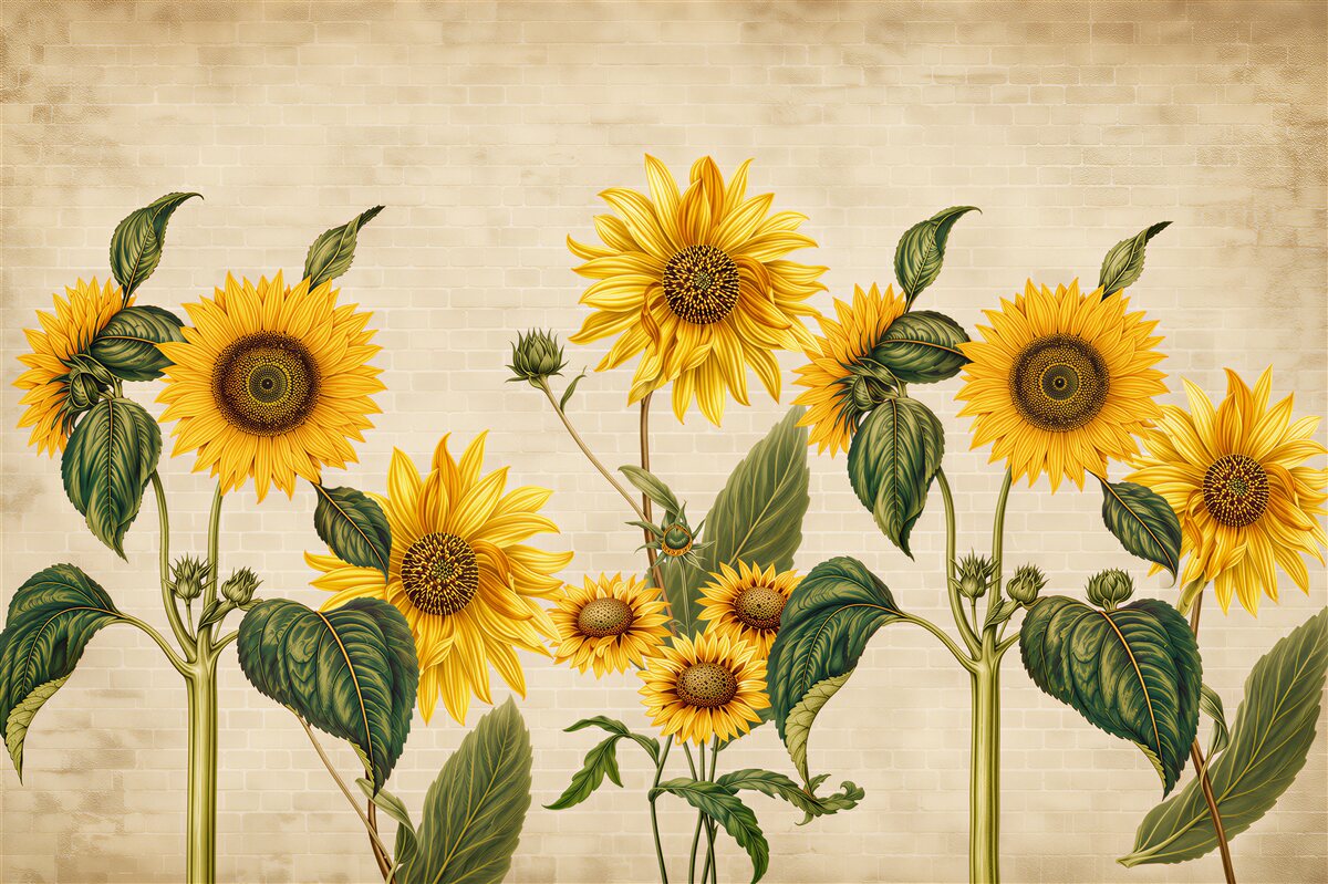 Papier peint tournesol sur fond de mur en briques