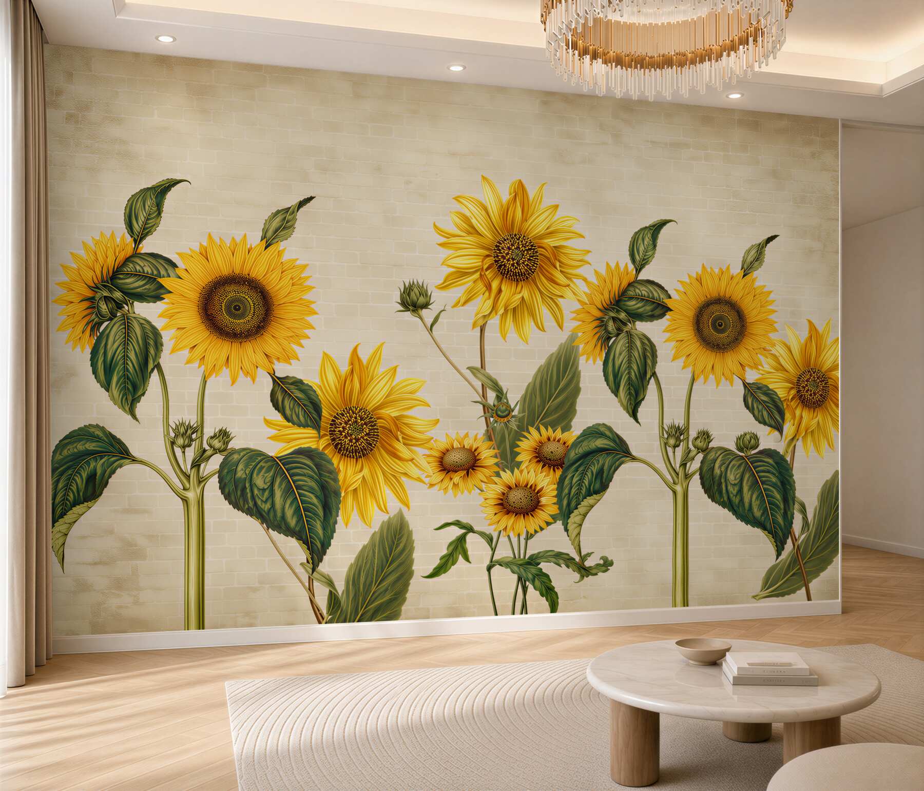 Papier peint tournesol sur fond de mur en briques