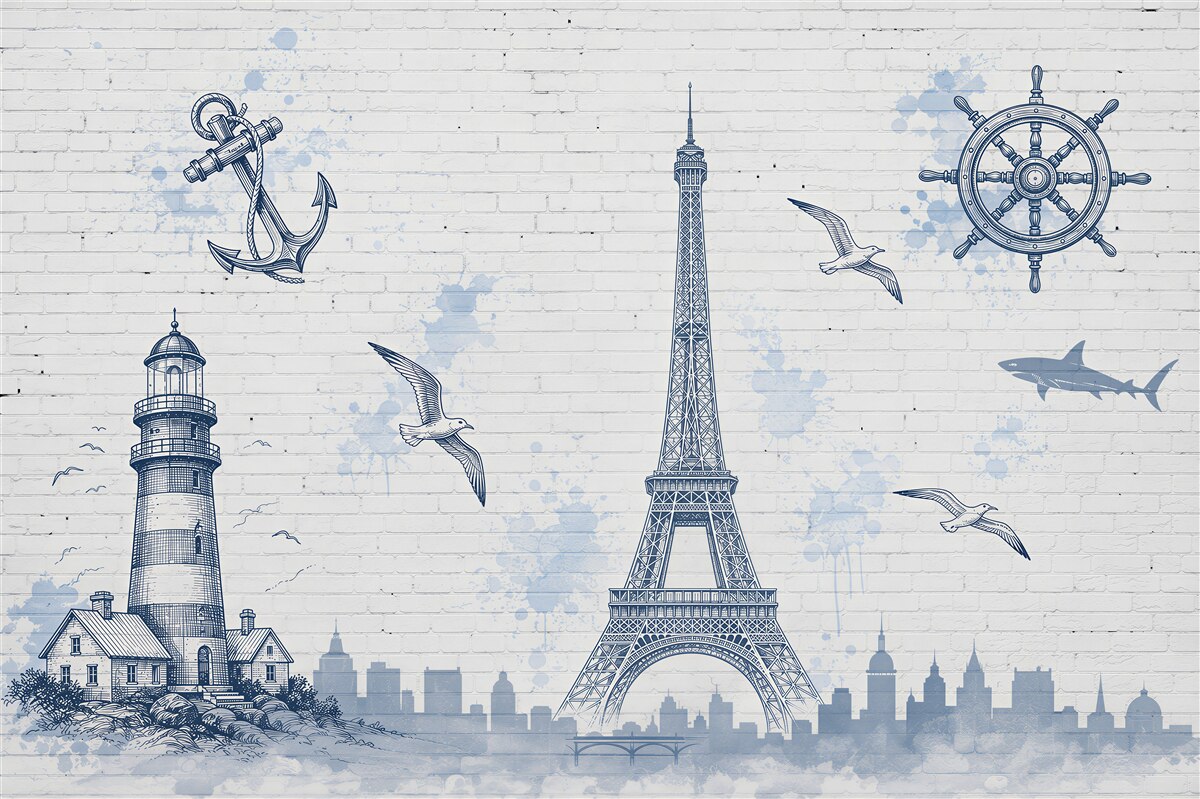 Papier peint Tour Eiffel et phare sur un mur