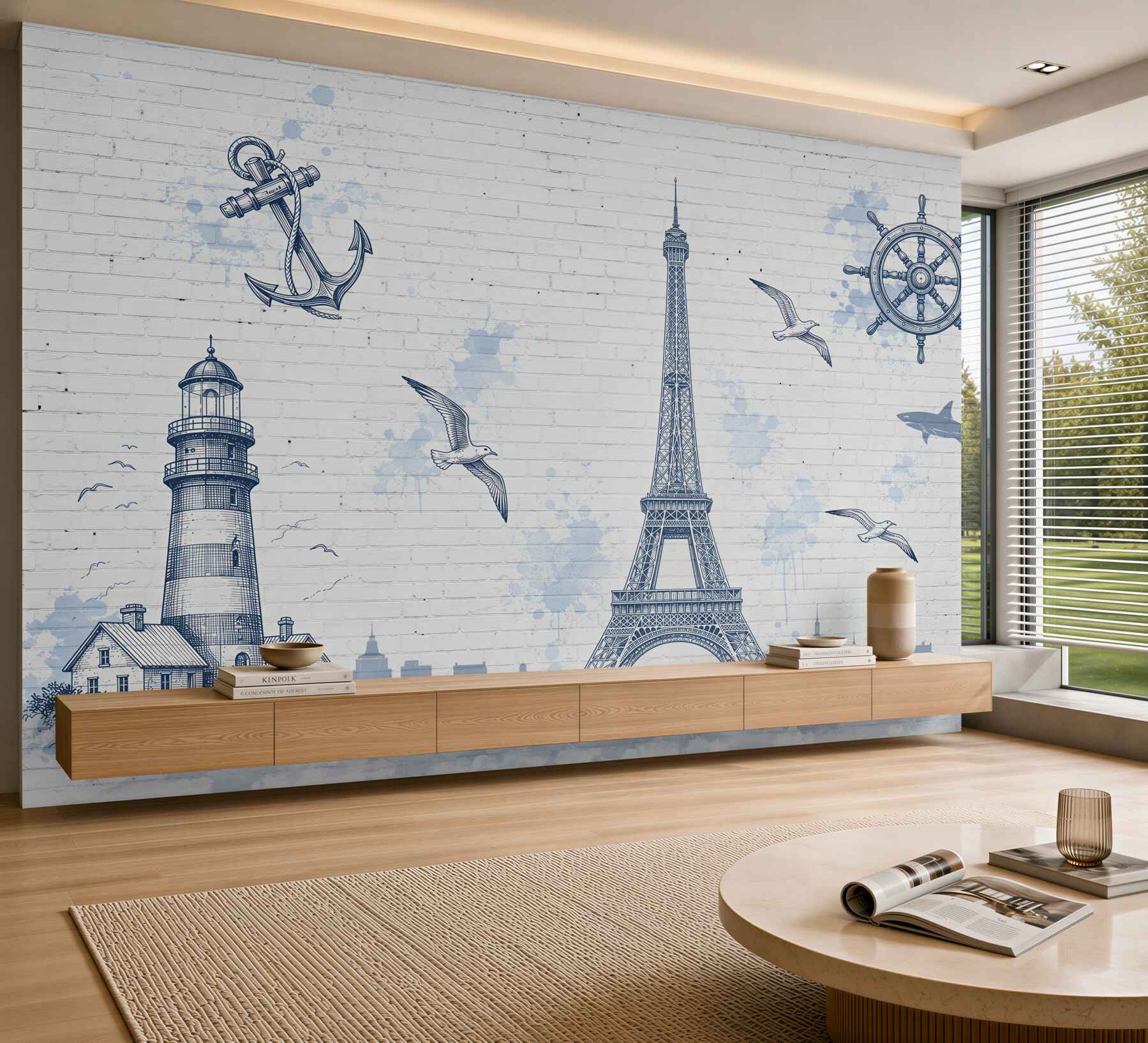 Papier peint Tour Eiffel et phare sur un mur