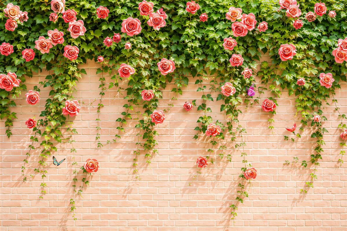 Papier peint roses rouges sur un mur en briques