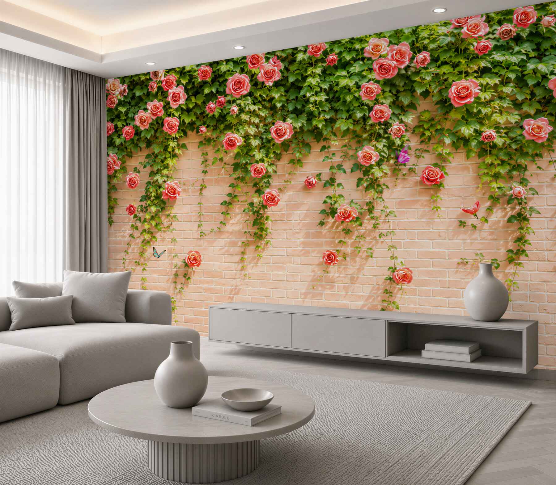 Papier peint roses rouges sur un mur en briques