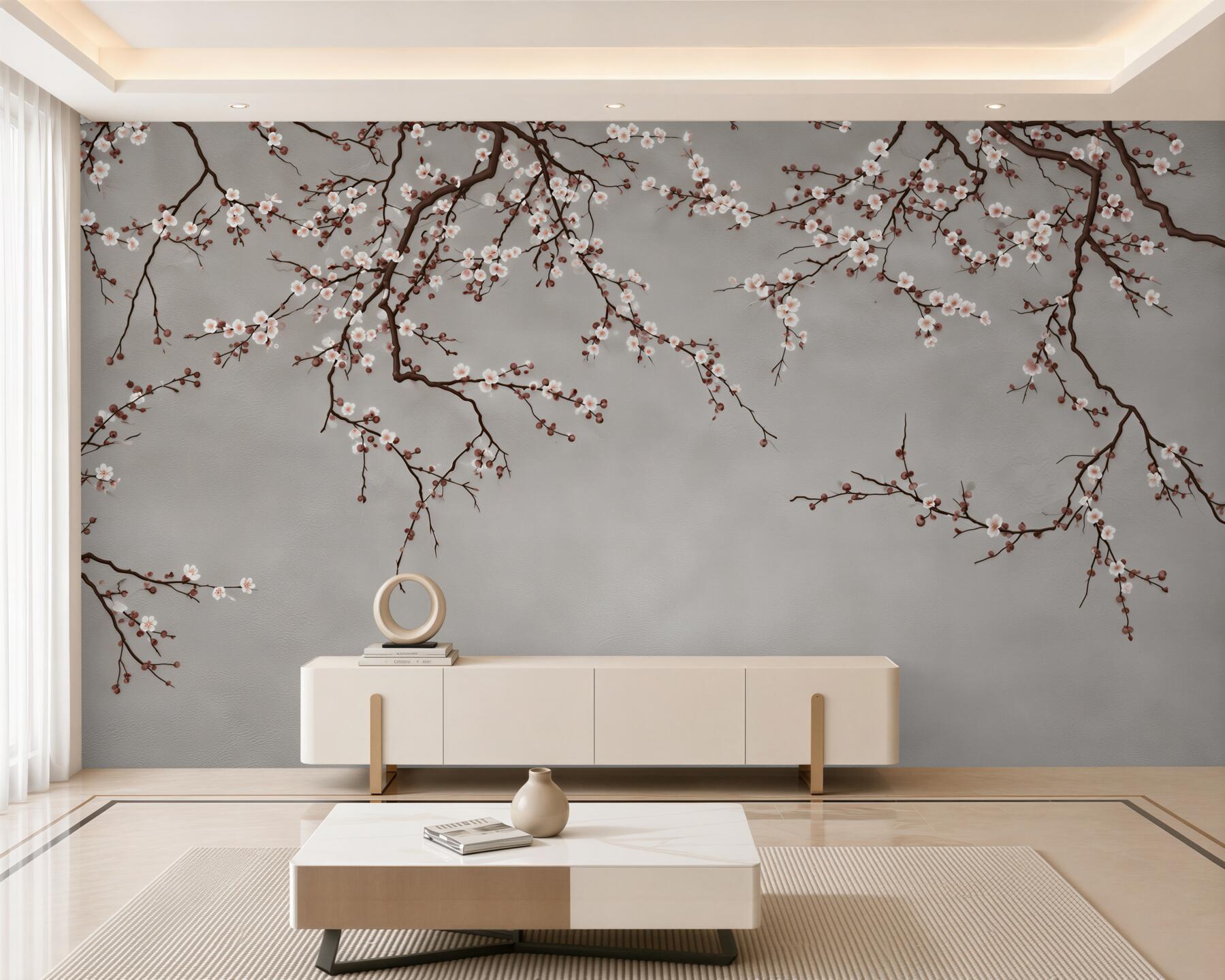 Papier peint branches d'arbres avec de petites fleurs