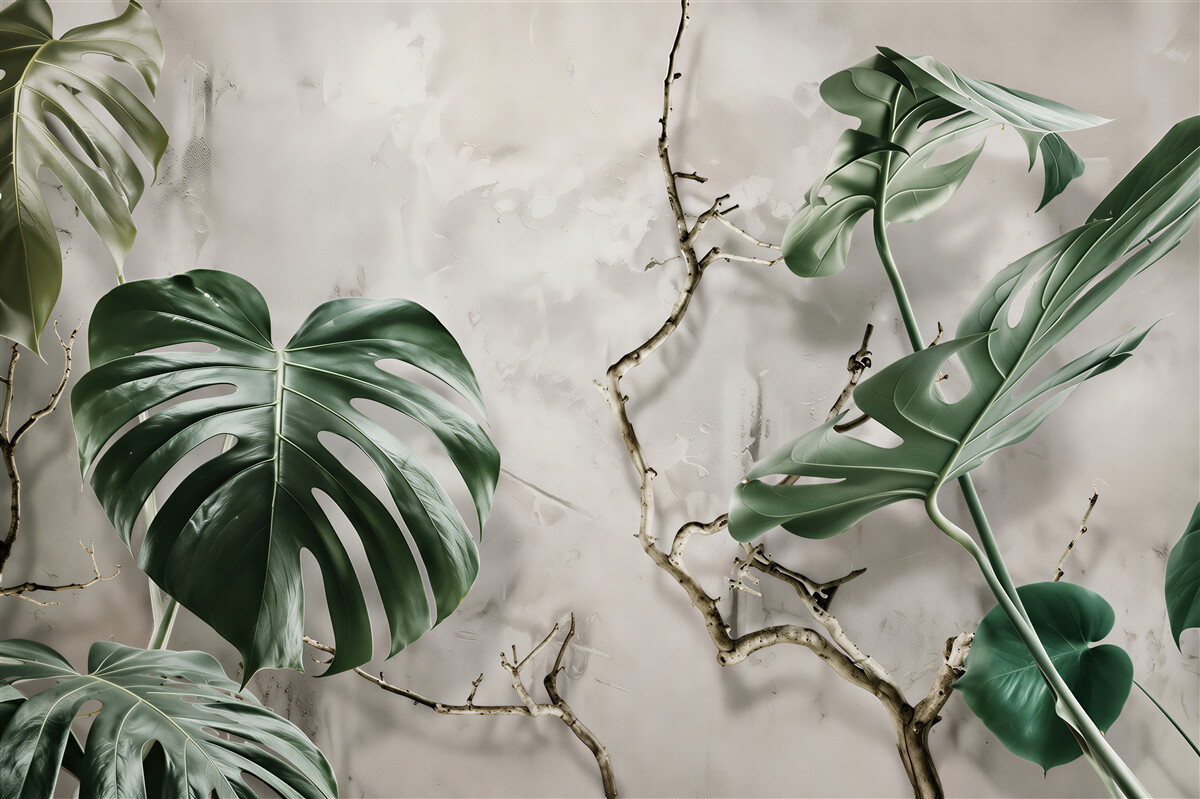 Papier peint grandes feuilles vertes de monstera