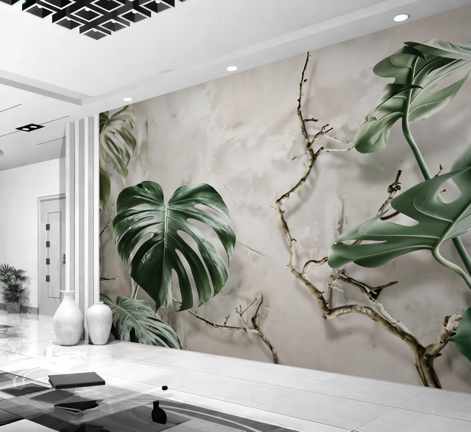 Papier peint grandes feuilles vertes de monstera