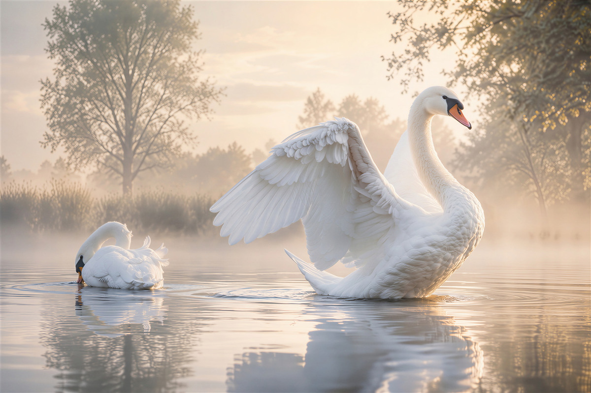 Papier peint cygne blanc luxueux sur l'eau