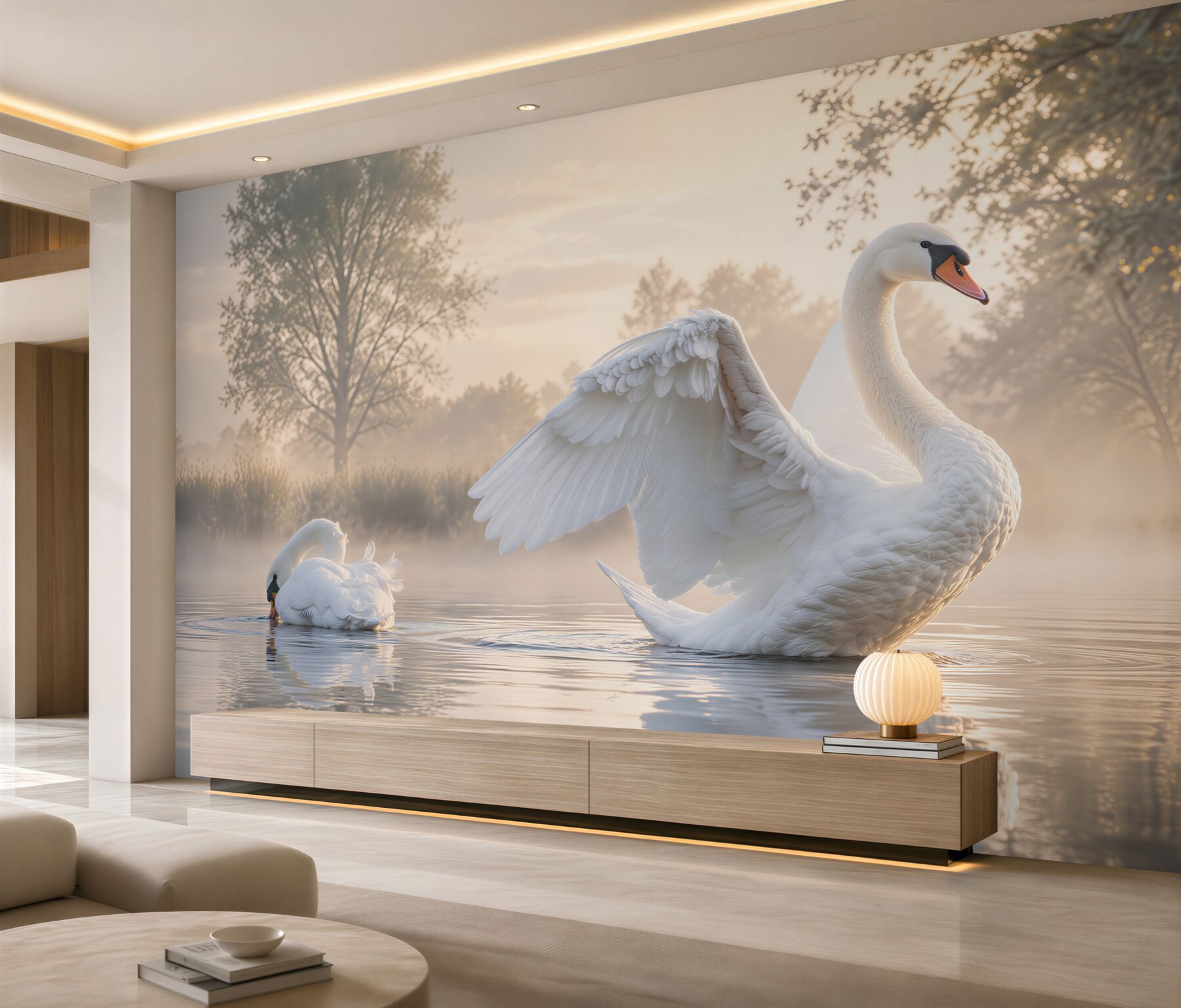Papier peint cygne blanc luxueux sur l'eau