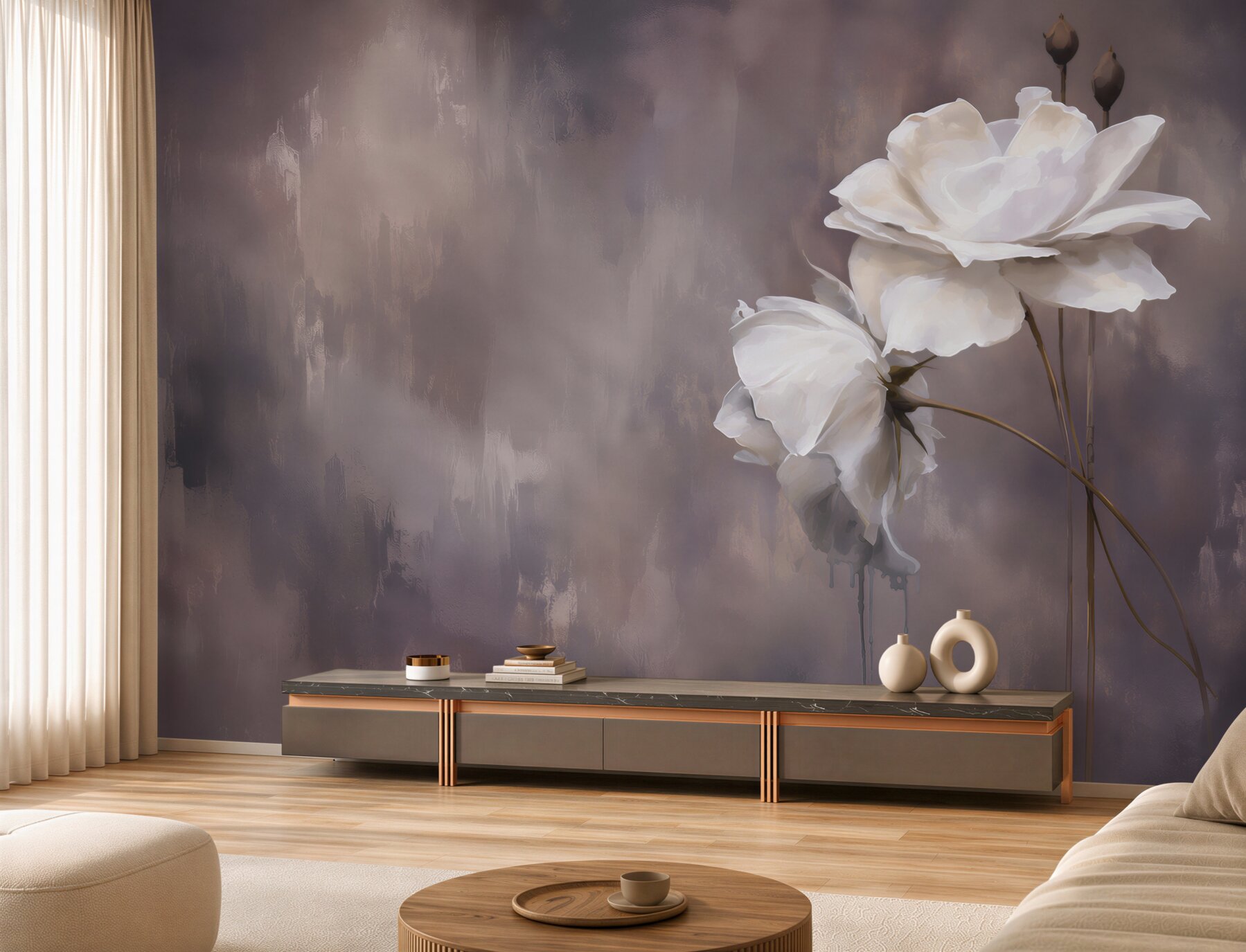 Papier peint deux grandes fleurs blanches