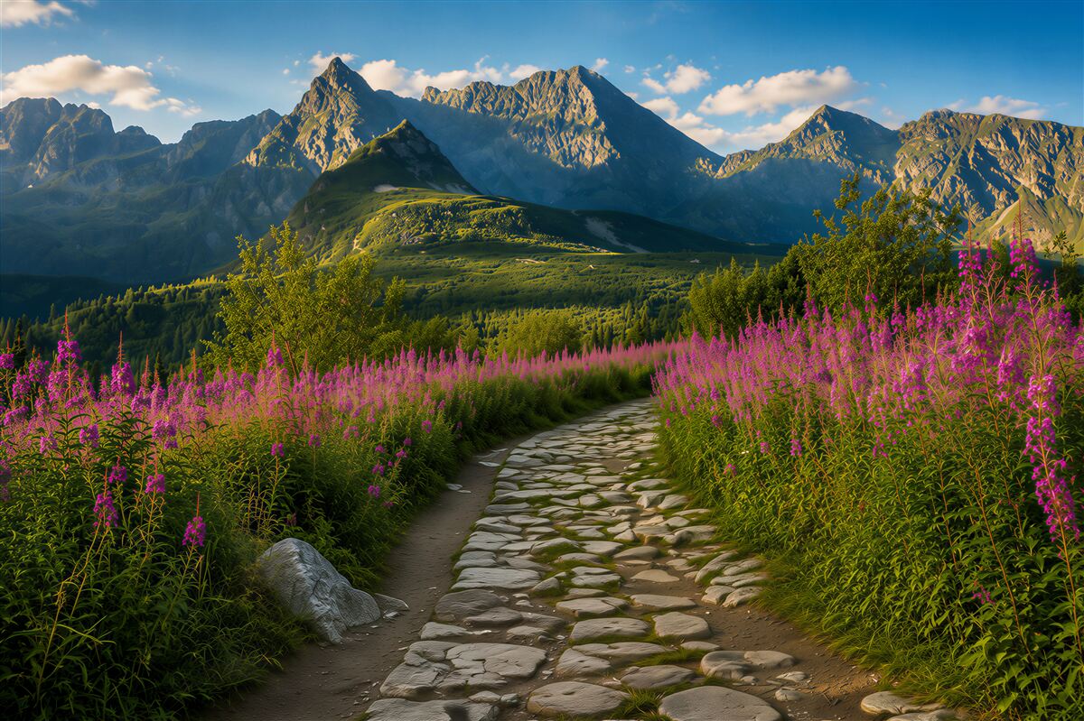 Papier peint chemin au milieu d'une prairie fleurie en montagne