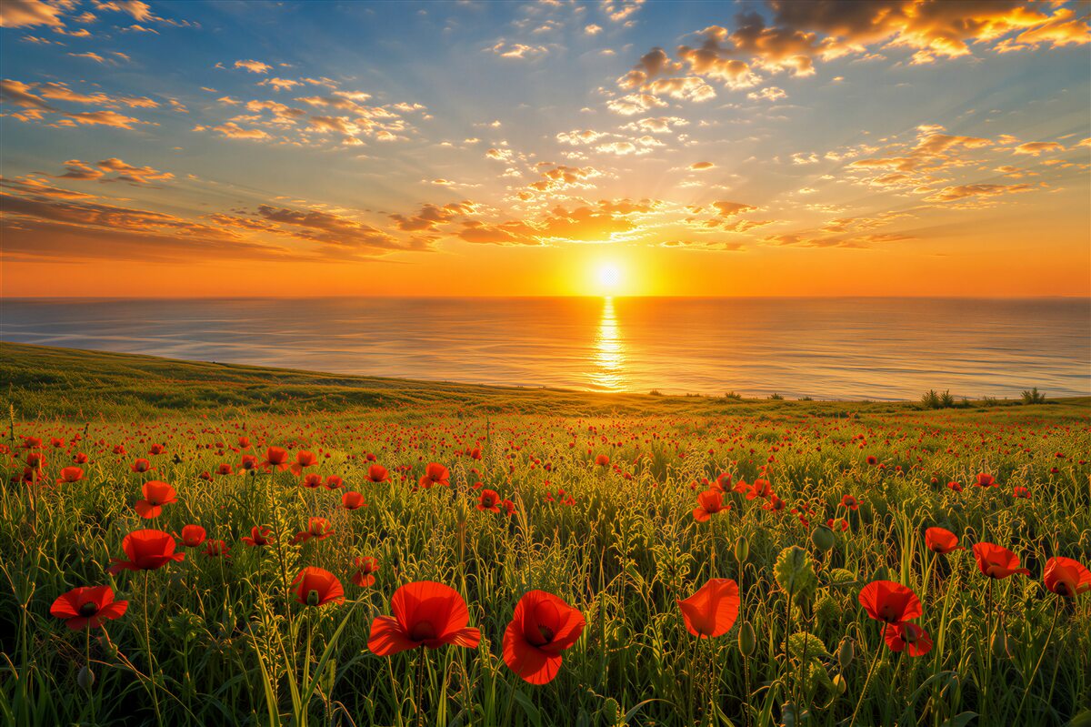 Papier peint coucher de soleil d'été clair sur un champ avec des coquelicots