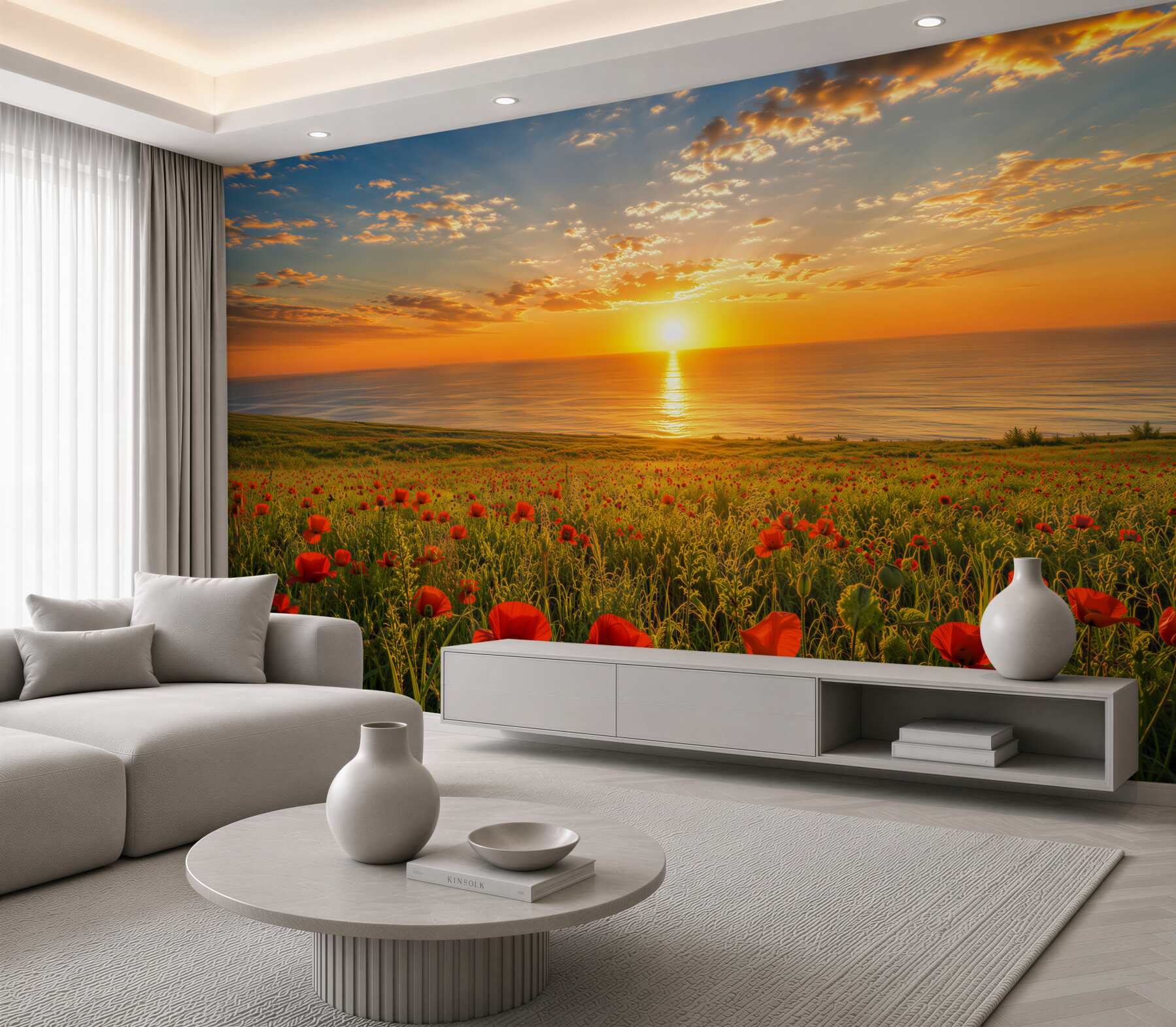 Papier peint coucher de soleil d'été clair sur un champ avec des coquelicots