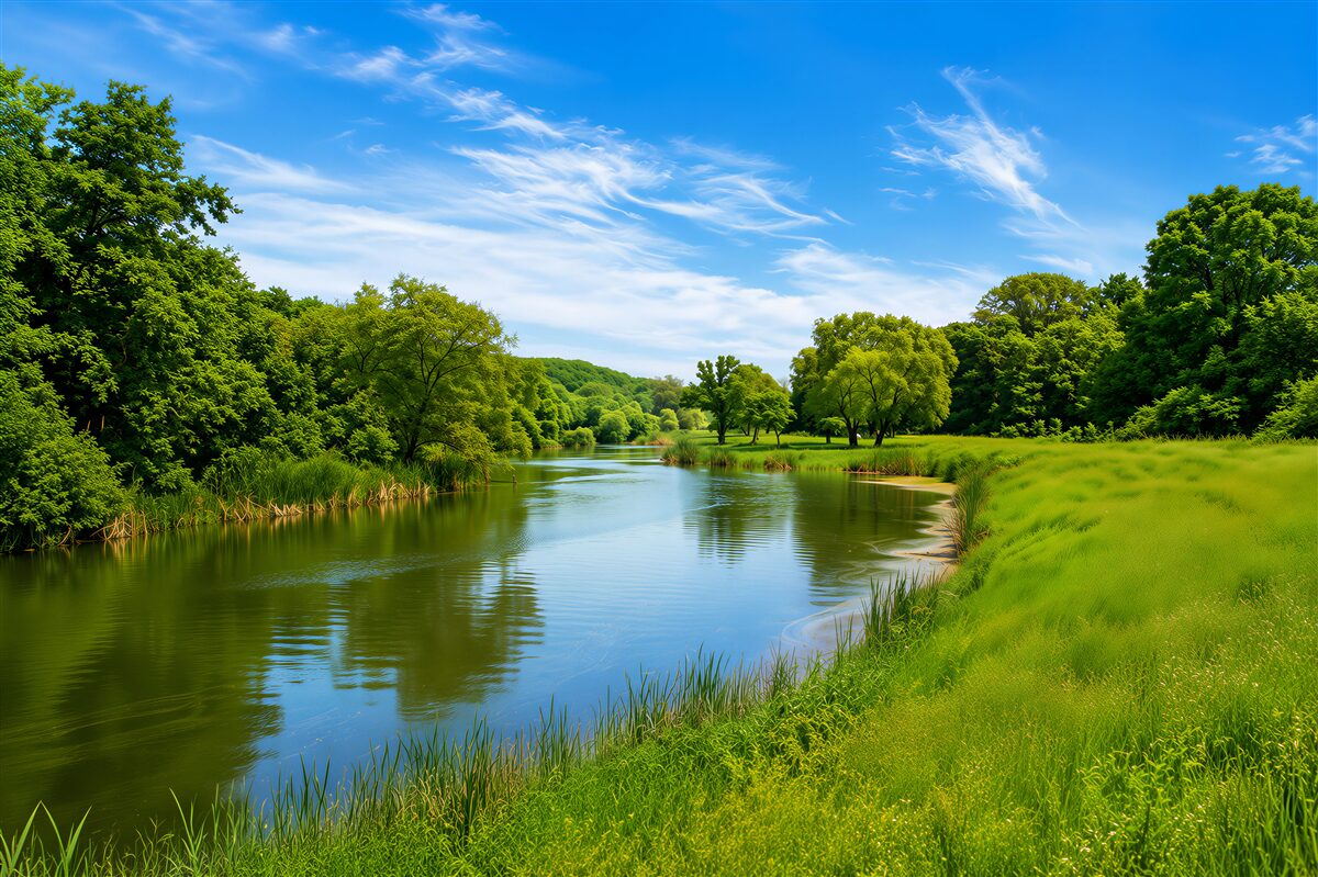 Papier peint eaux calmes sur une prairie verte