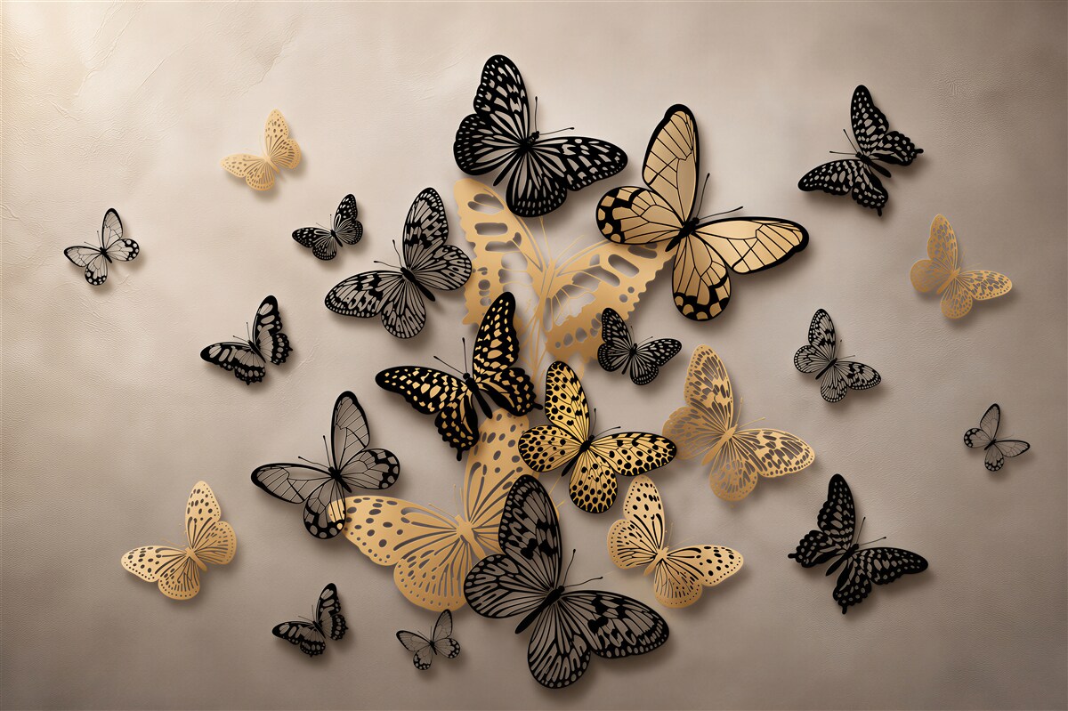 Papier peint papillons dorés et noirs volant