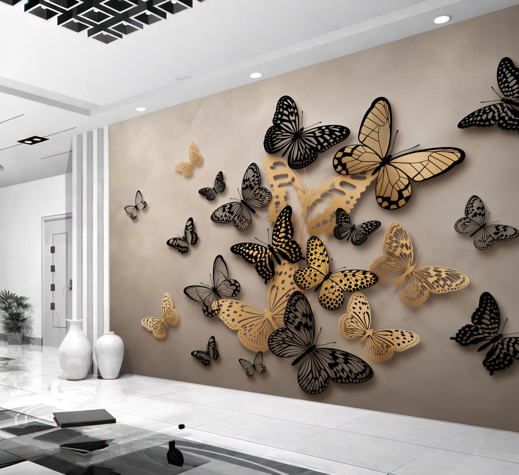Papier peint papillons dorés et noirs volant