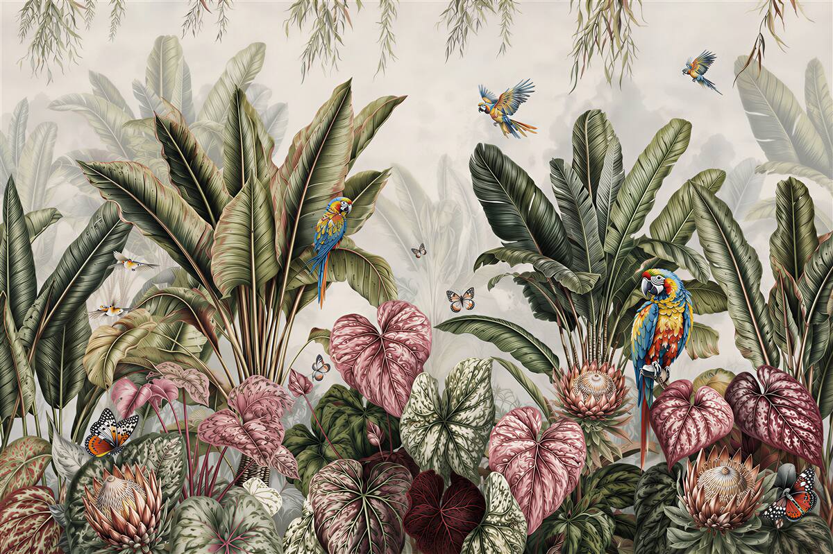 Papier peint végétation luxuriante de jungle et perroquets