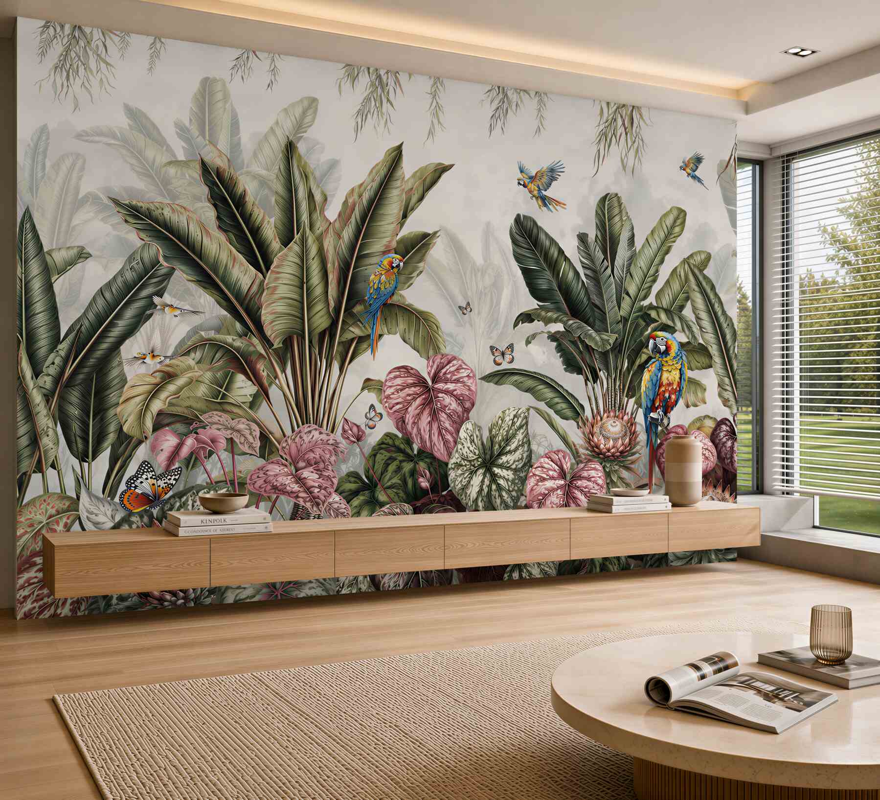 Papier peint végétation luxuriante de jungle et perroquets