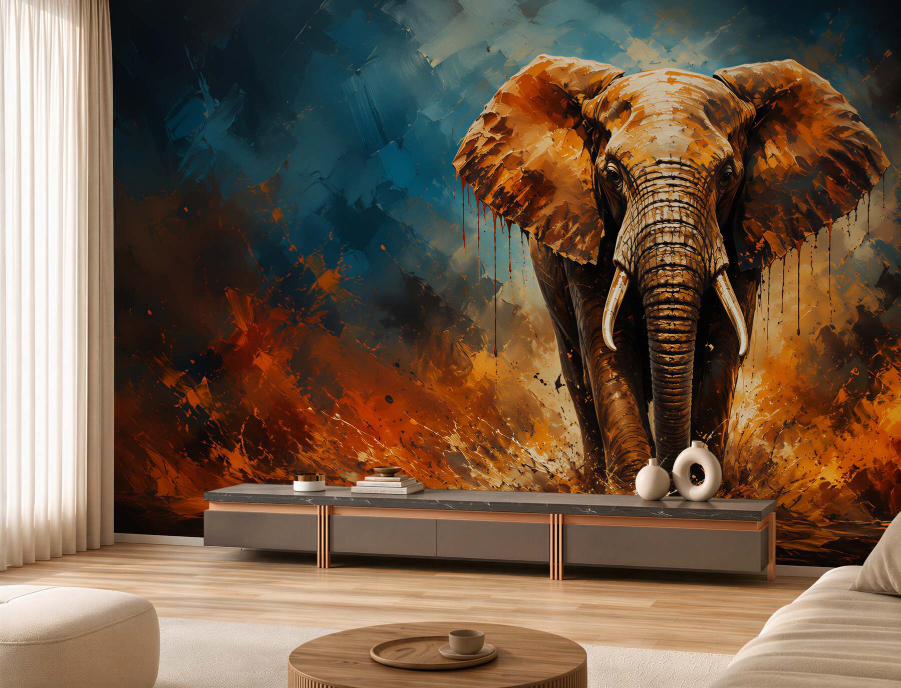 Papier peint grand éléphant marchant vers le coucher de soleil