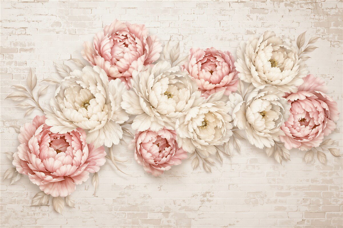 Papier peint boutons blancs et roses sur fond en brique