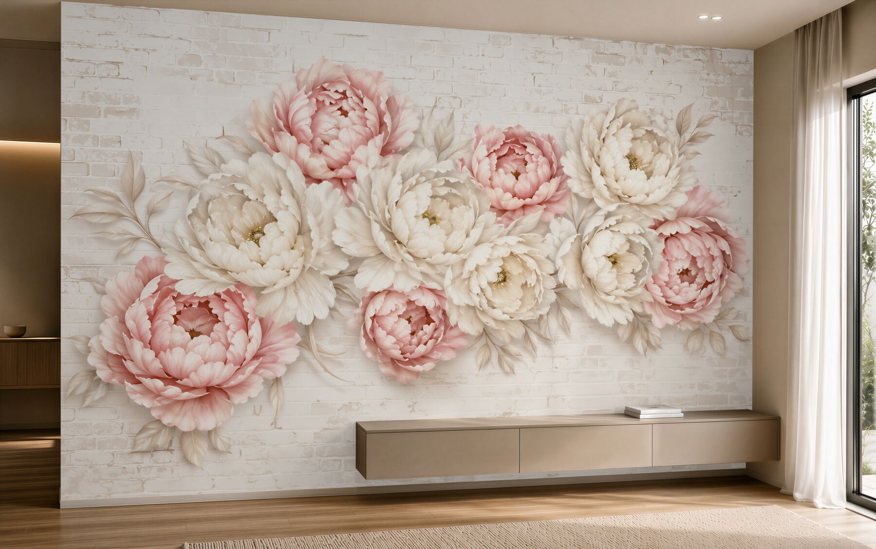 Papier peint boutons blancs et roses sur fond en brique