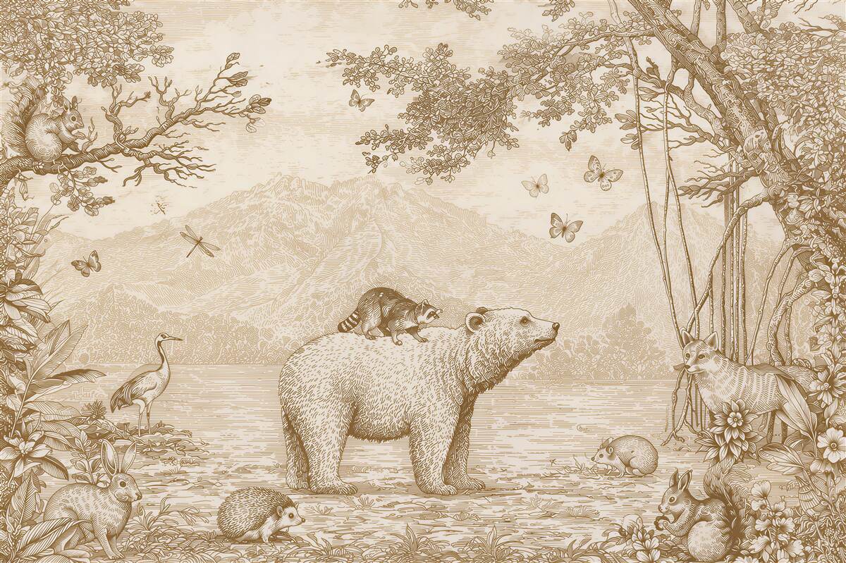 Papier peint ours marchant à travers la forêt d'hiver
