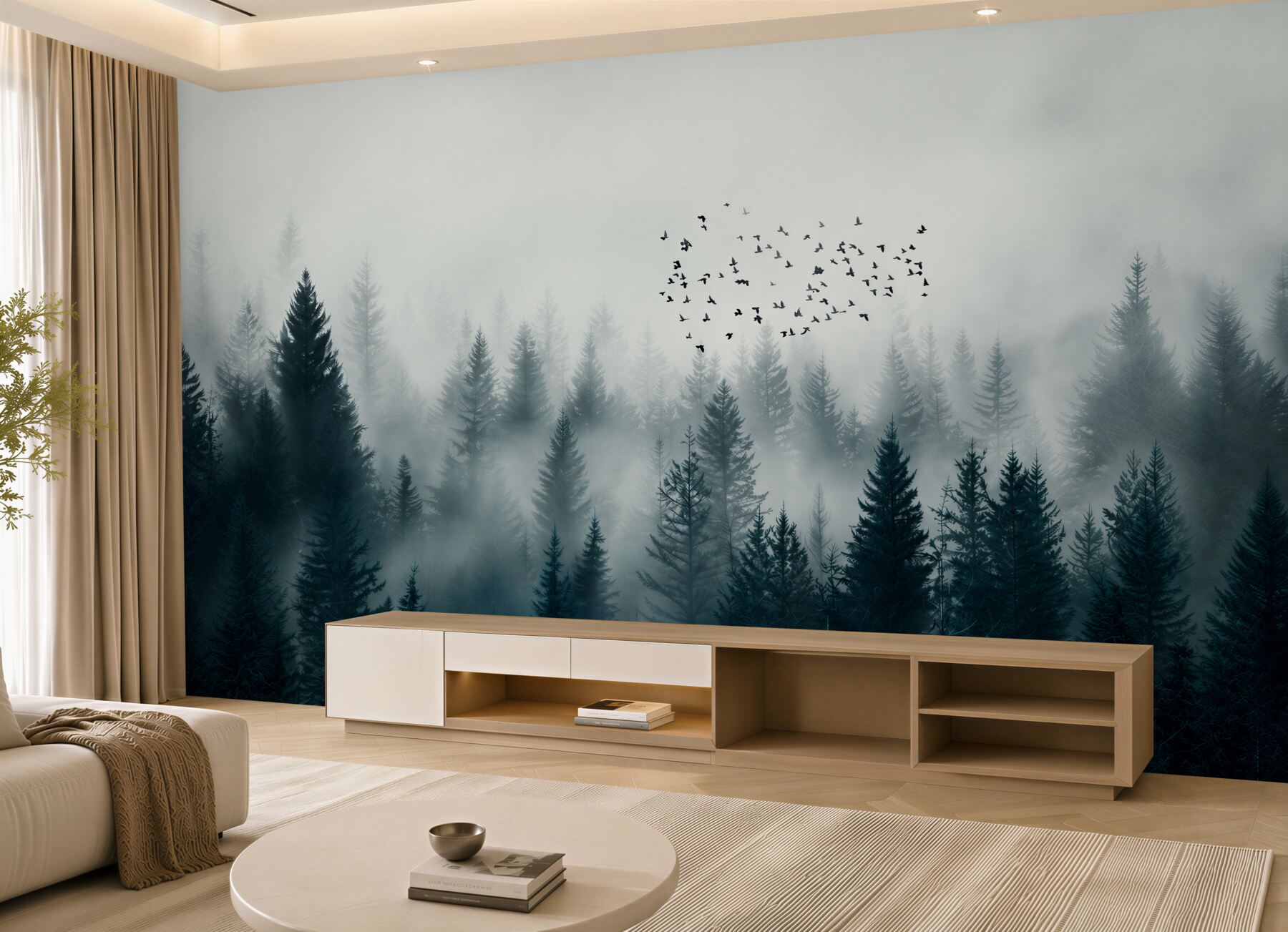 Papier peint brouillard dense et oiseaux