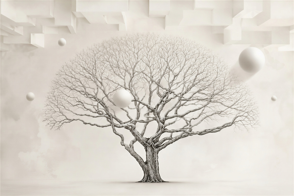 Papier peint arbre nu au milieu d'une pièce blanche