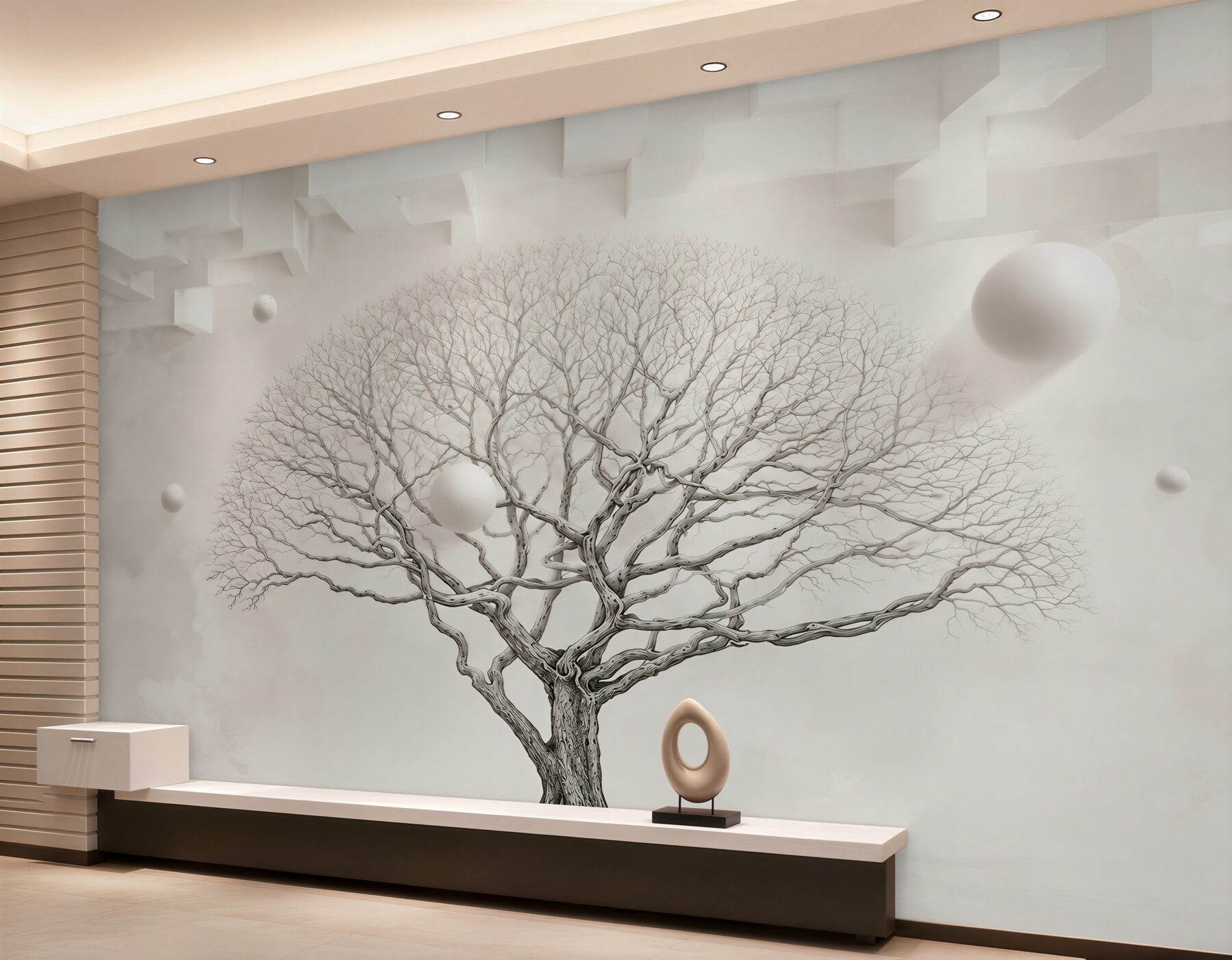 Papier peint arbre nu au milieu d'une pièce blanche