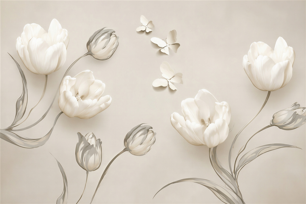Papier peint tulipes blanches et papillons à côté d'eux