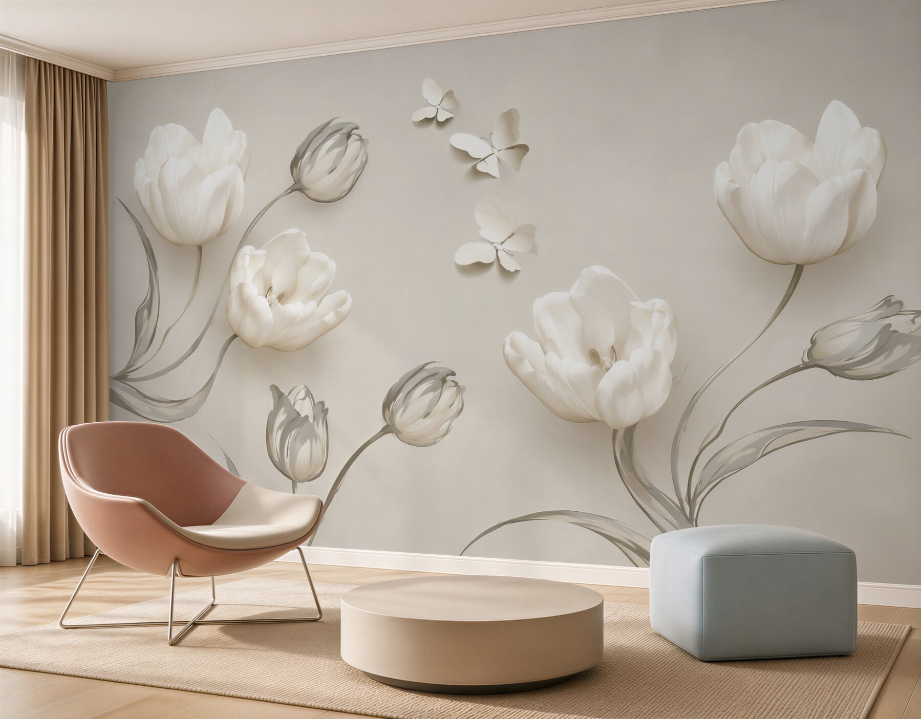 Papier peint tulipes blanches et papillons à côté d'eux