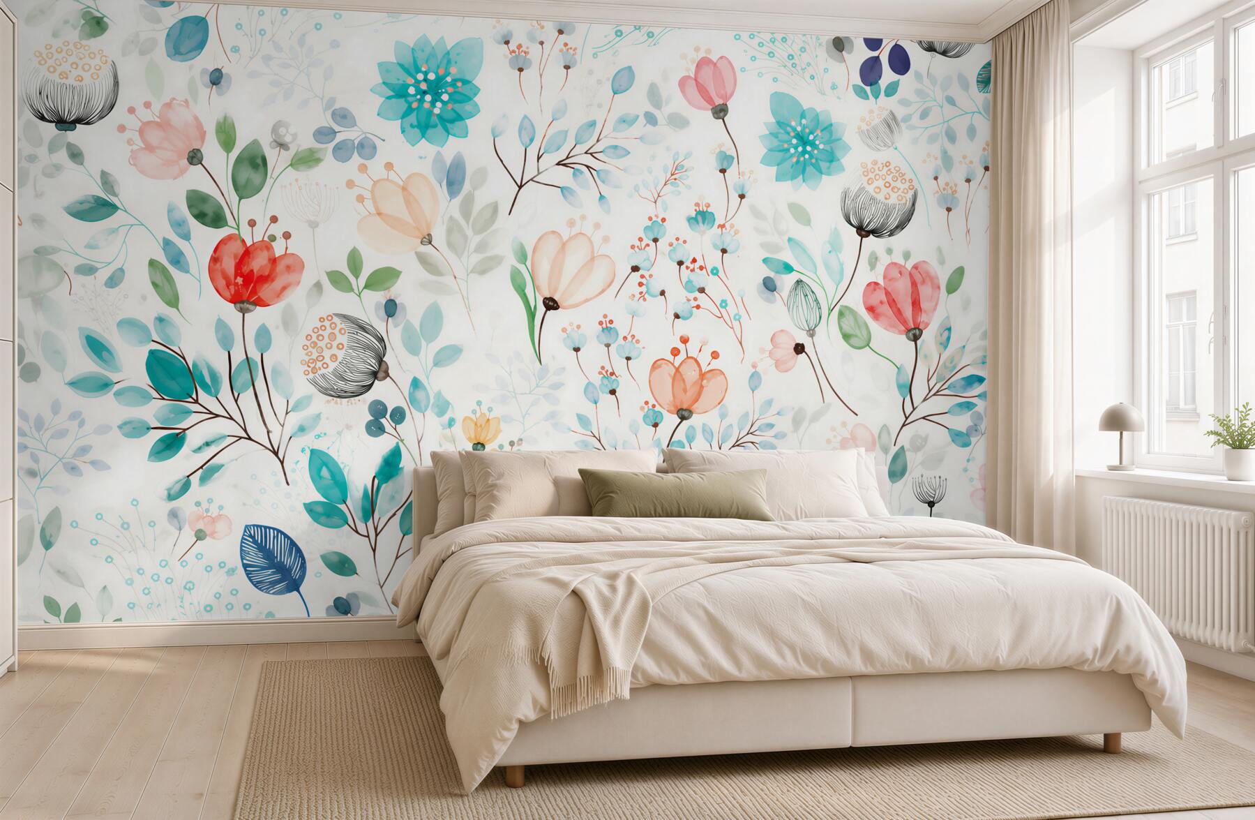 Papier peint fleurs délicates aquarelle fleurs et feuilles